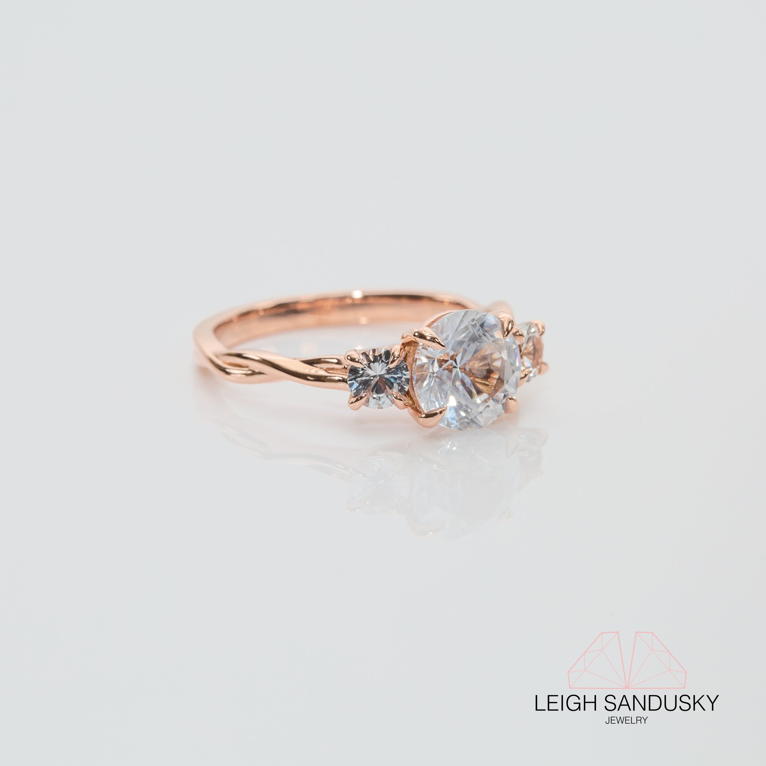 Three Stone White Sapphire Twist Rose Gold Engagement Ring