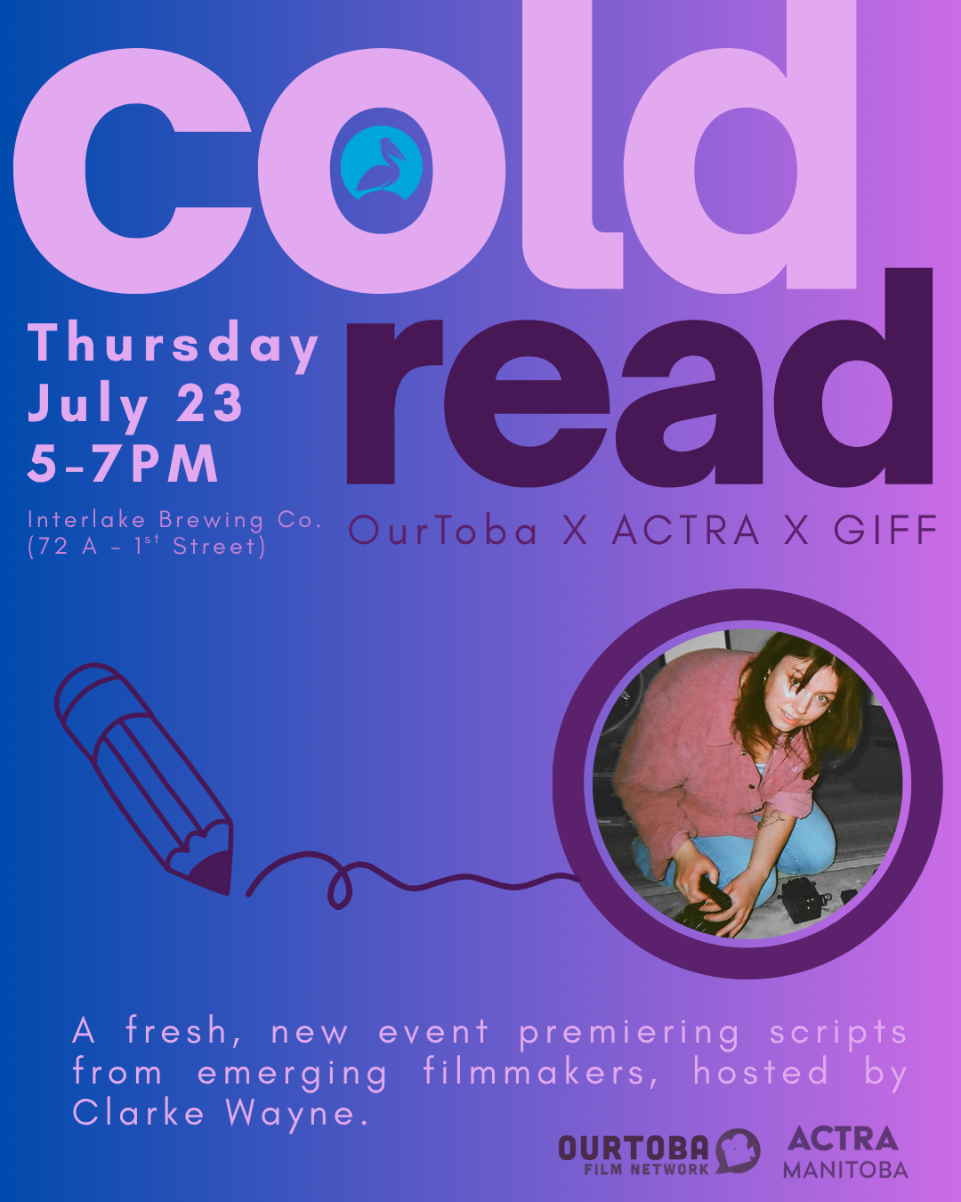 Event poster for 'Cold Read' film screening, scheduled for Thursday, July 23 from 5 to 7 PM at Interlake Brewing Co., featuring a photograph of a woman holding a camera or phone, surrounded by a purple and blue gradient background.