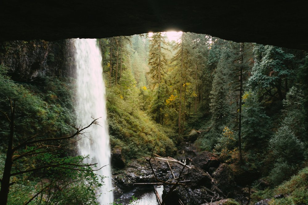 Hiking Behind the Falls in Silver Falls State Park (stock photo)