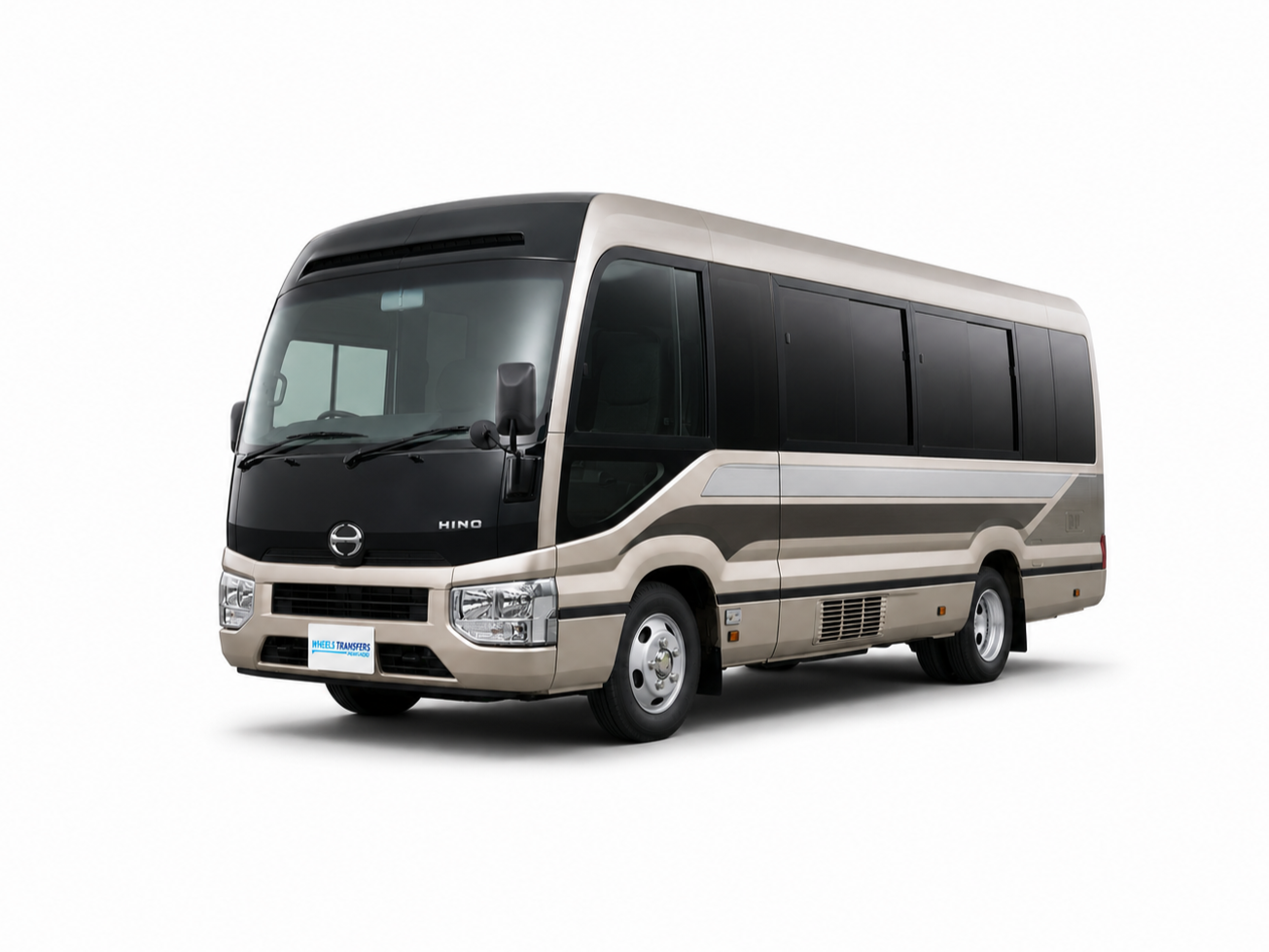 White Toyota Coaster minibus with side doors and windows.