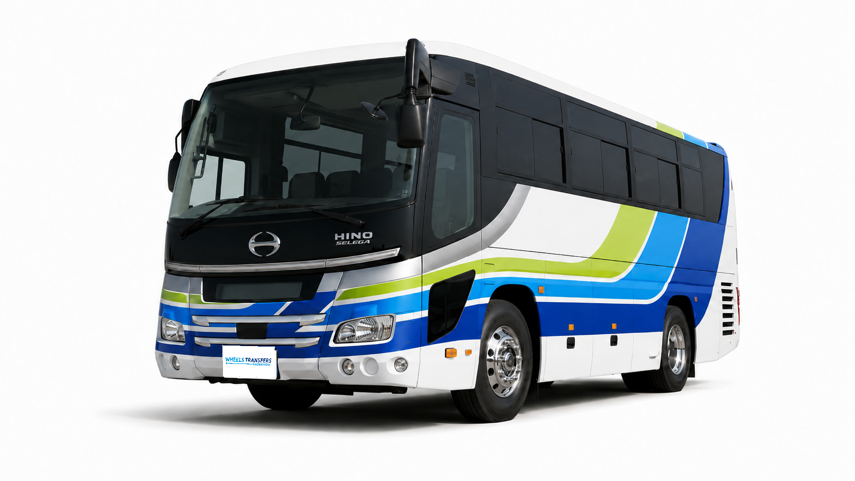 Medium size bus with white green and blue coloring