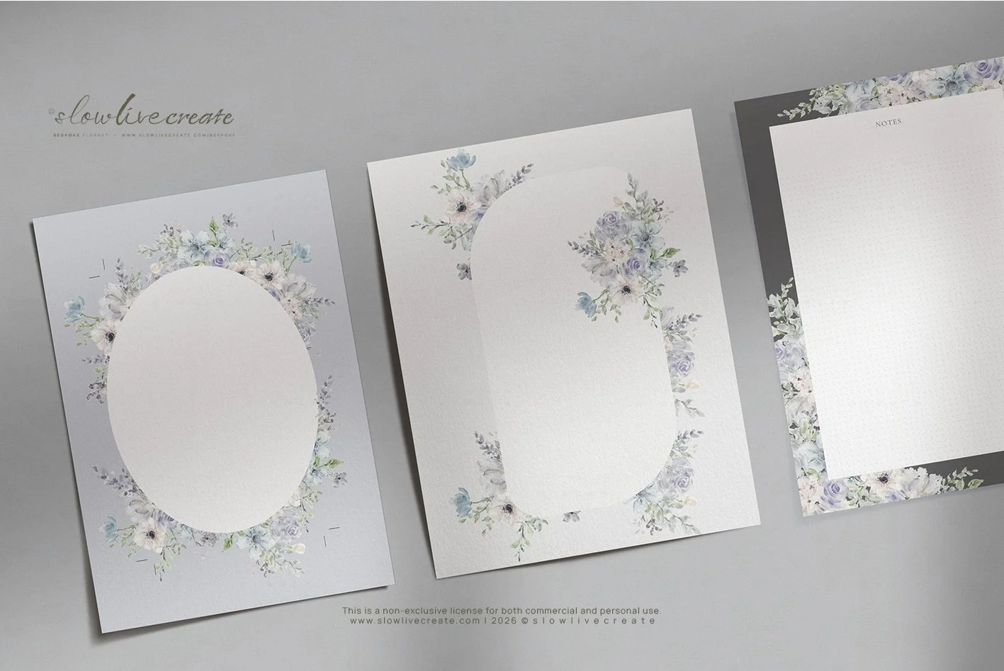 Three decorative stationery sheets with floral borders, used for notes or invitations, in pastel colors with a watercolor design on a light gray surface.