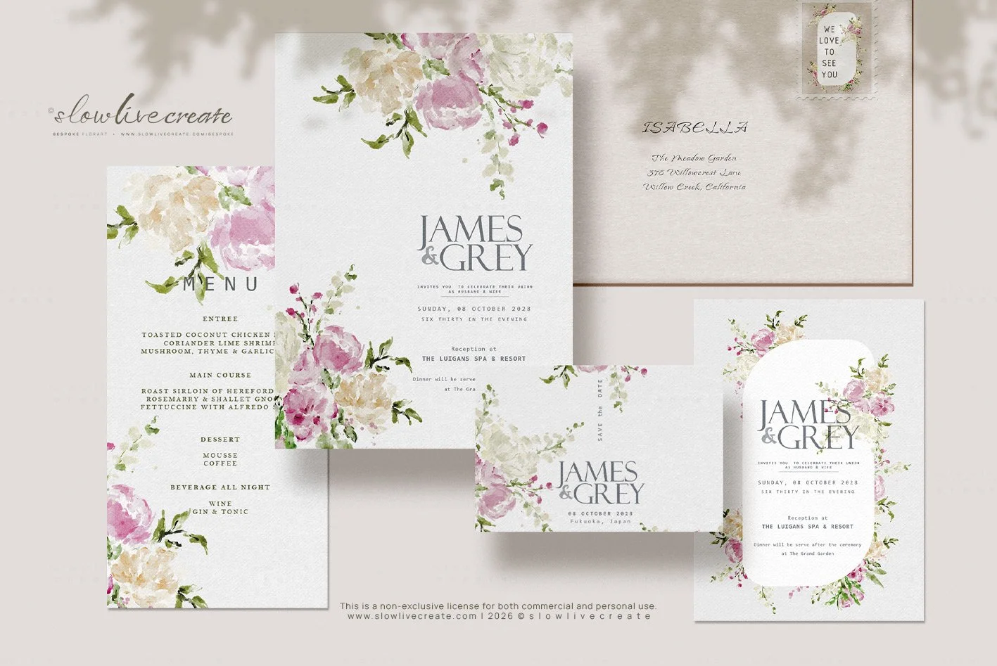 Wedding stationery suite for James & Grey with floral watercolor designs, including an invitation, menu, save-the-date card, and envelope with address, all featuring pink and beige flowers with green leaves.