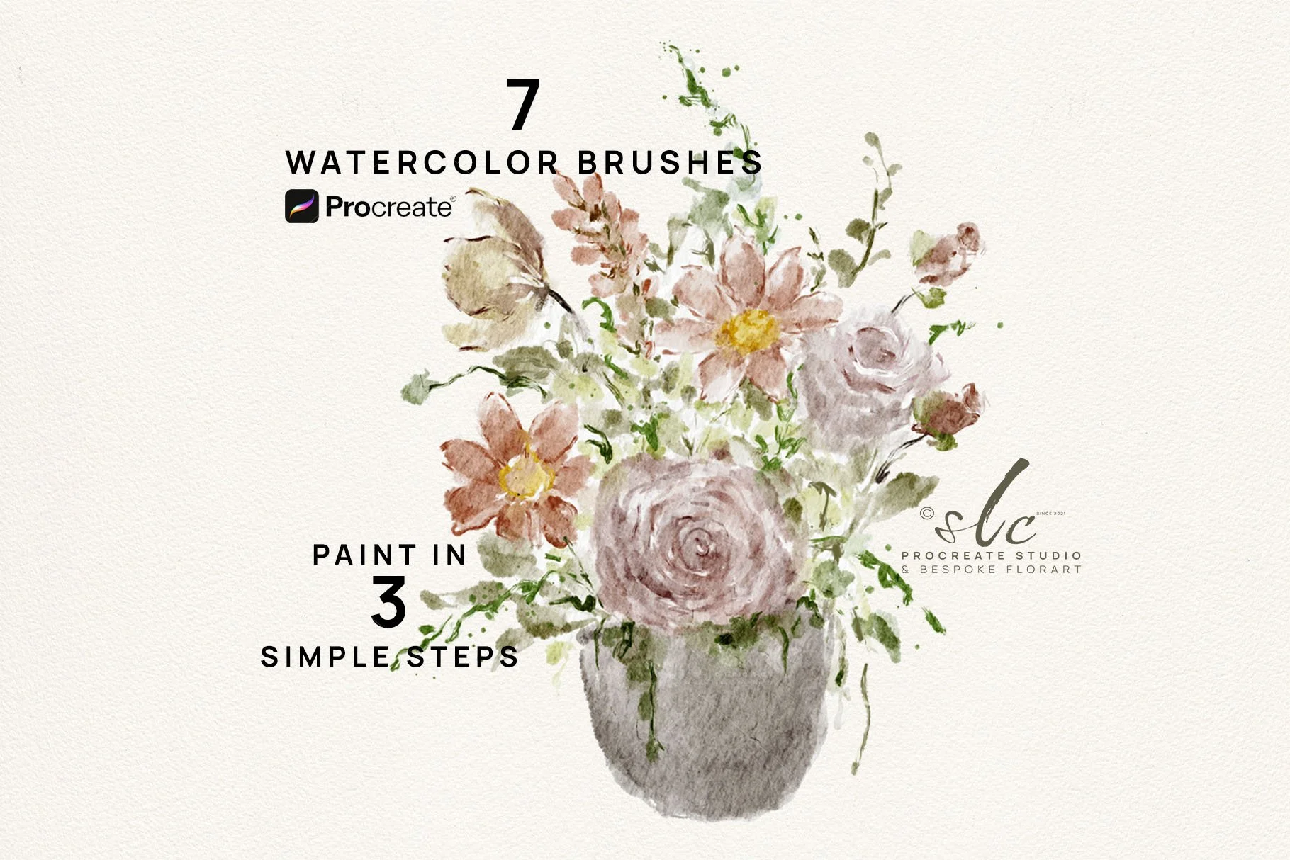 Watercolor painting of a floral bouquet in a vase, with text overlay advertising watercolor brushes for Procreate.