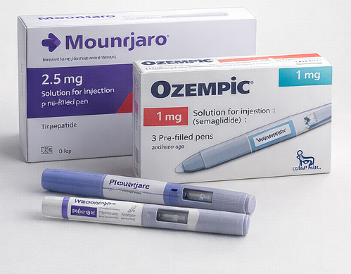 Boxes of Ozempic and Mounjaro prescription medications, with Ozempic pens in front.