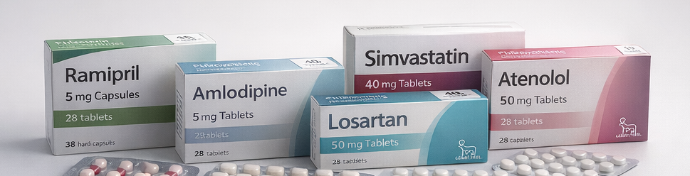 Several boxes of prescription medications, including Ramipril, Amlodipine, Losartan, Simvastatin, and Atenolol, with some capsules and tablets in front.