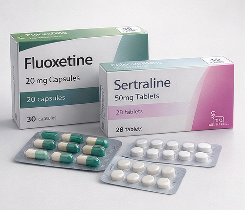 Boxes of fluoxetine capsules and sertraline tablets with their respective blister packs.
