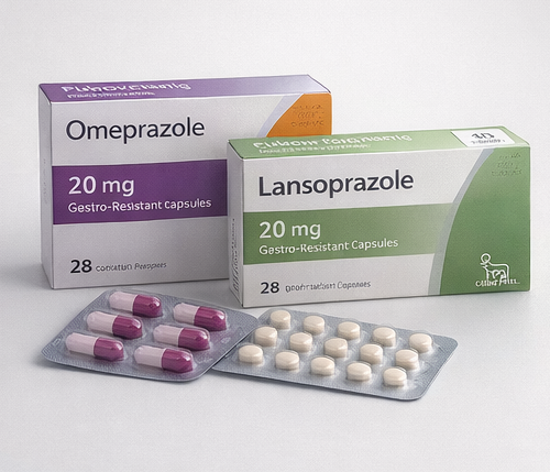 Two boxes of medication, Omeprazole and Lansoprazole, with capsules and tablets in blister packs in front of each box.