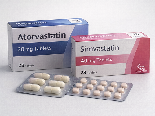 Two boxes of medication, one labeled Atorvastatin 20 mg and the other Simvastatin 40 mg, with each having blister packs of capsules and tablets in front.