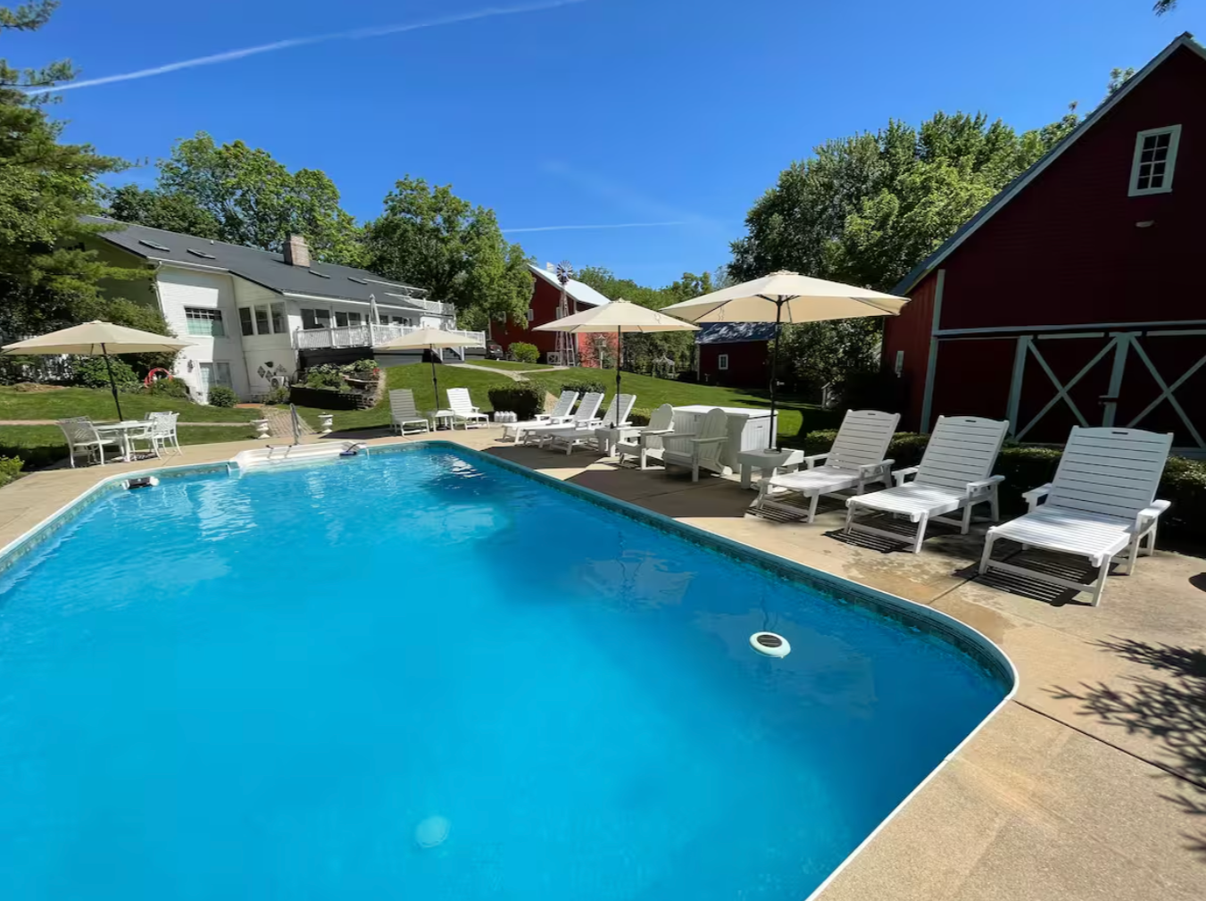 Outdoor swimming pool with lounge chairs and umbrellas in a backyard with green trees and houses in the background.