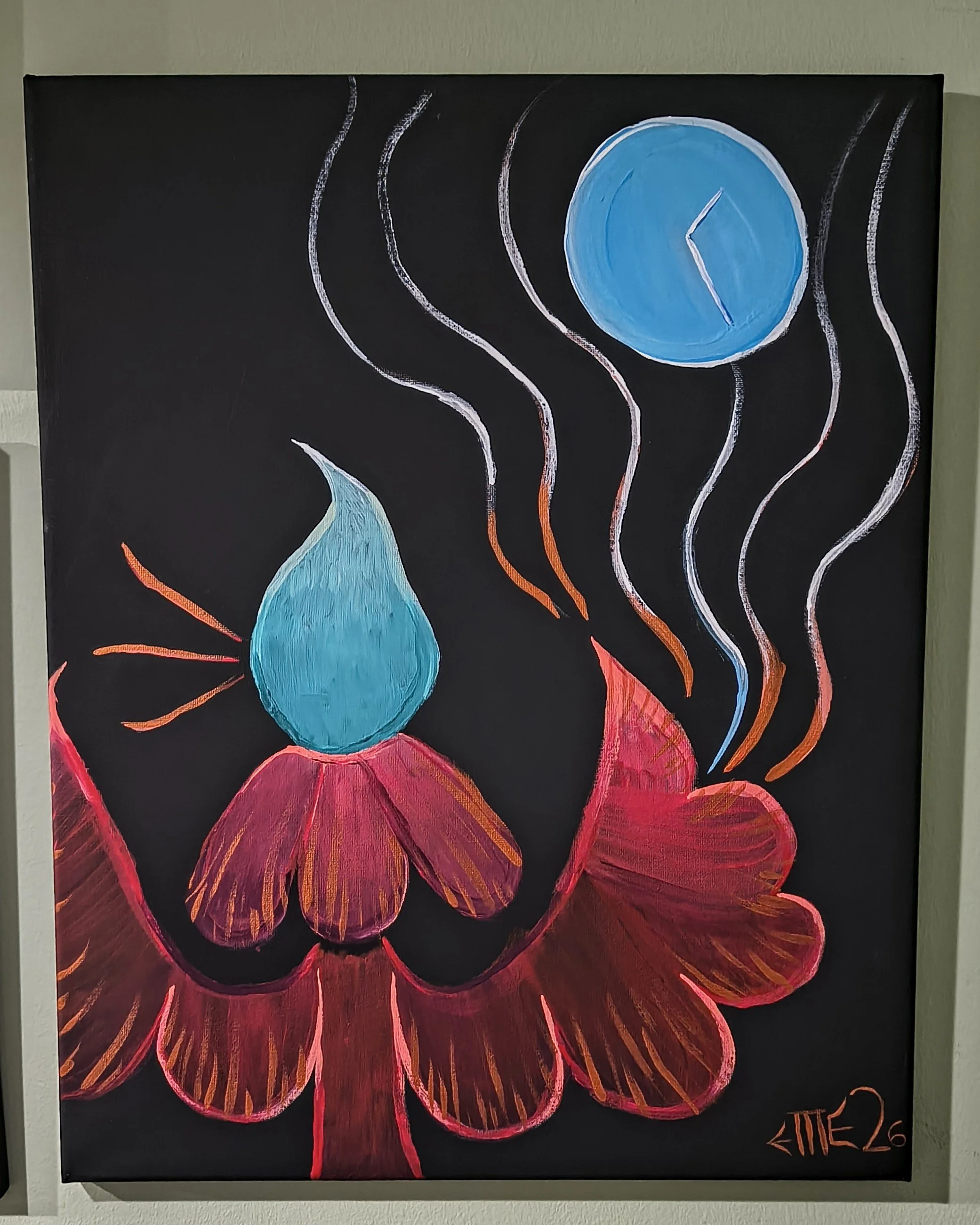 A colorful abstract painting on a black background featuring a flower with red petals, blue droplets above, and wispy lines representing steam or smoke.