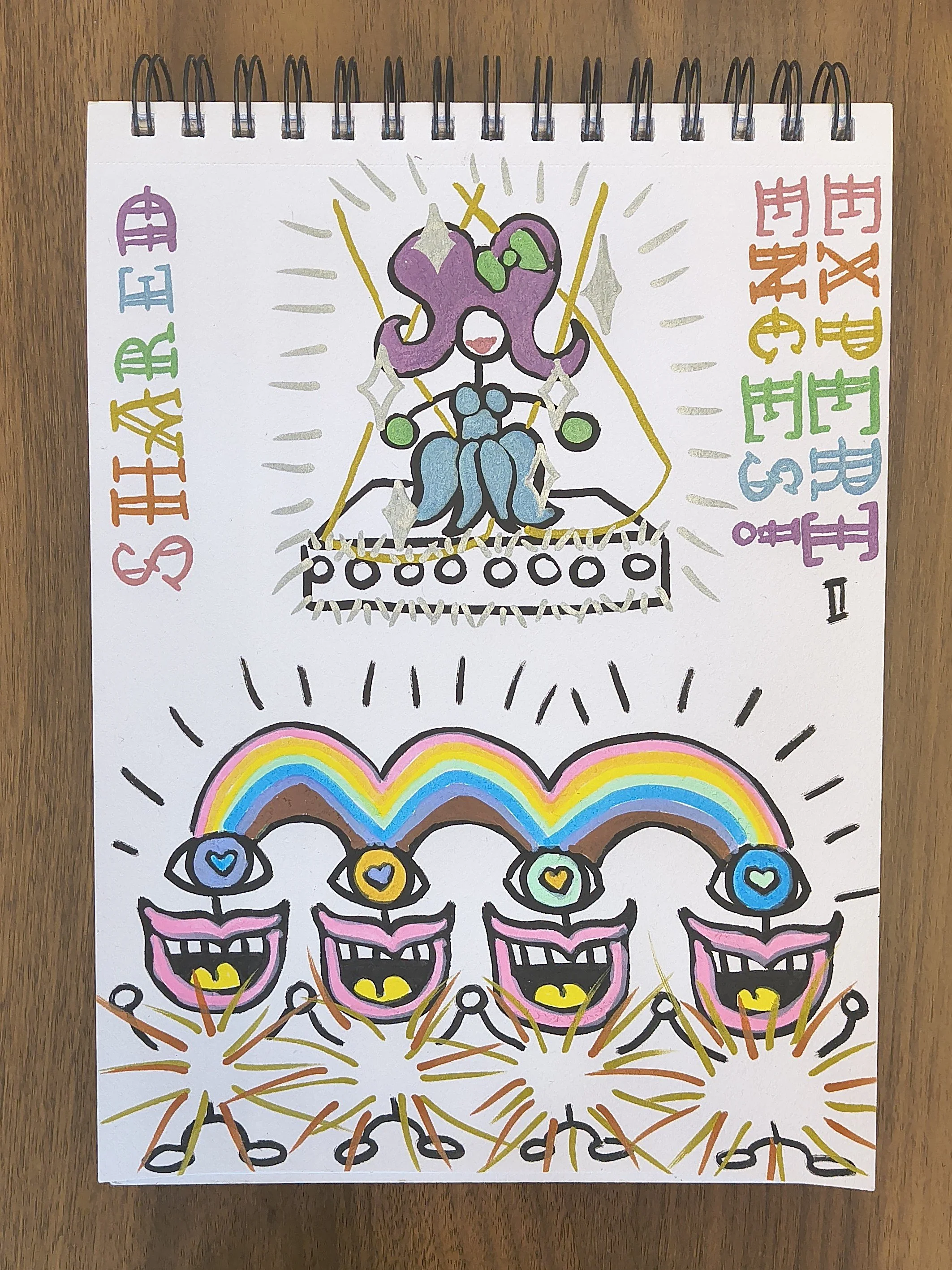 An artistic and emotive expression of rainbows, mouths, eyes, text saying "Shared Experiences!", and a character on stage