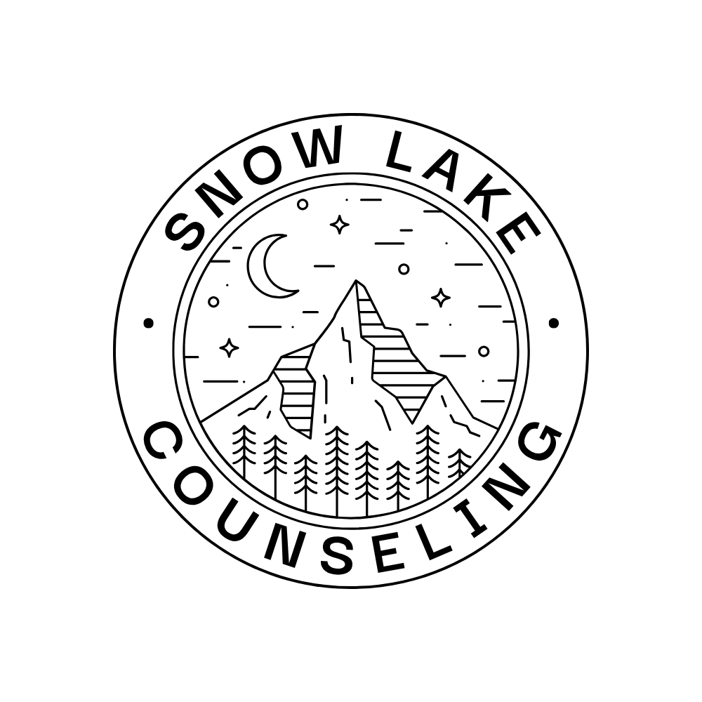 Line art of a mountain with trees in front, a crescent moon and stars in the sky, surrounded by a circle with the text "Snow Lake Courseling".