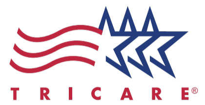 The logo of Tricare featuring three stylized stars and wavy lines in red and blue.