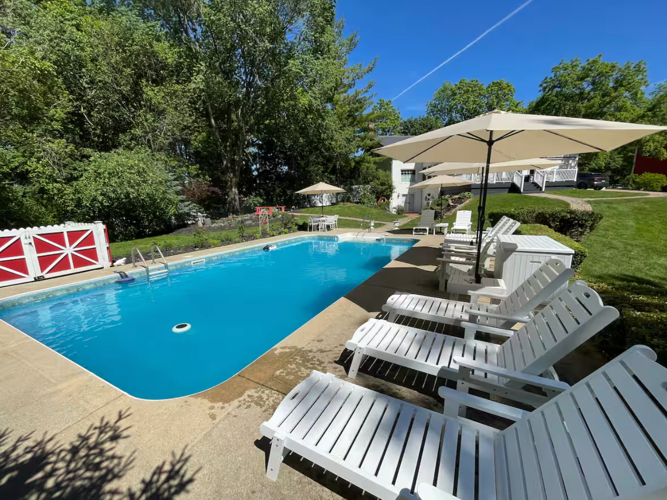 Residential backyard with swimming pool, white lounge chairs with umbrellas, surrounded by lush green trees and grass, and a white house in the background under a blue sky.