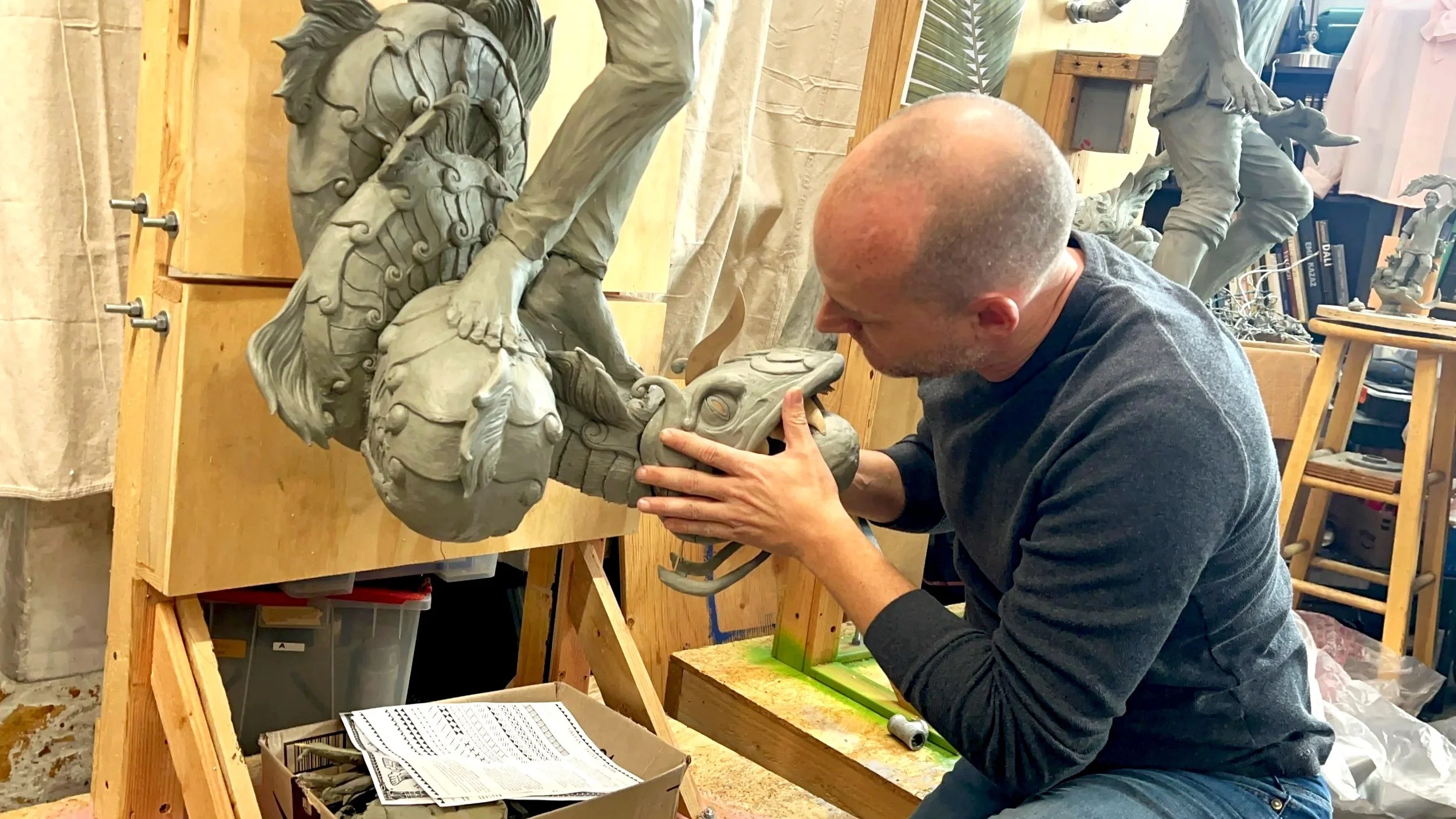 John Sumner assembling his bakunawa sculpture