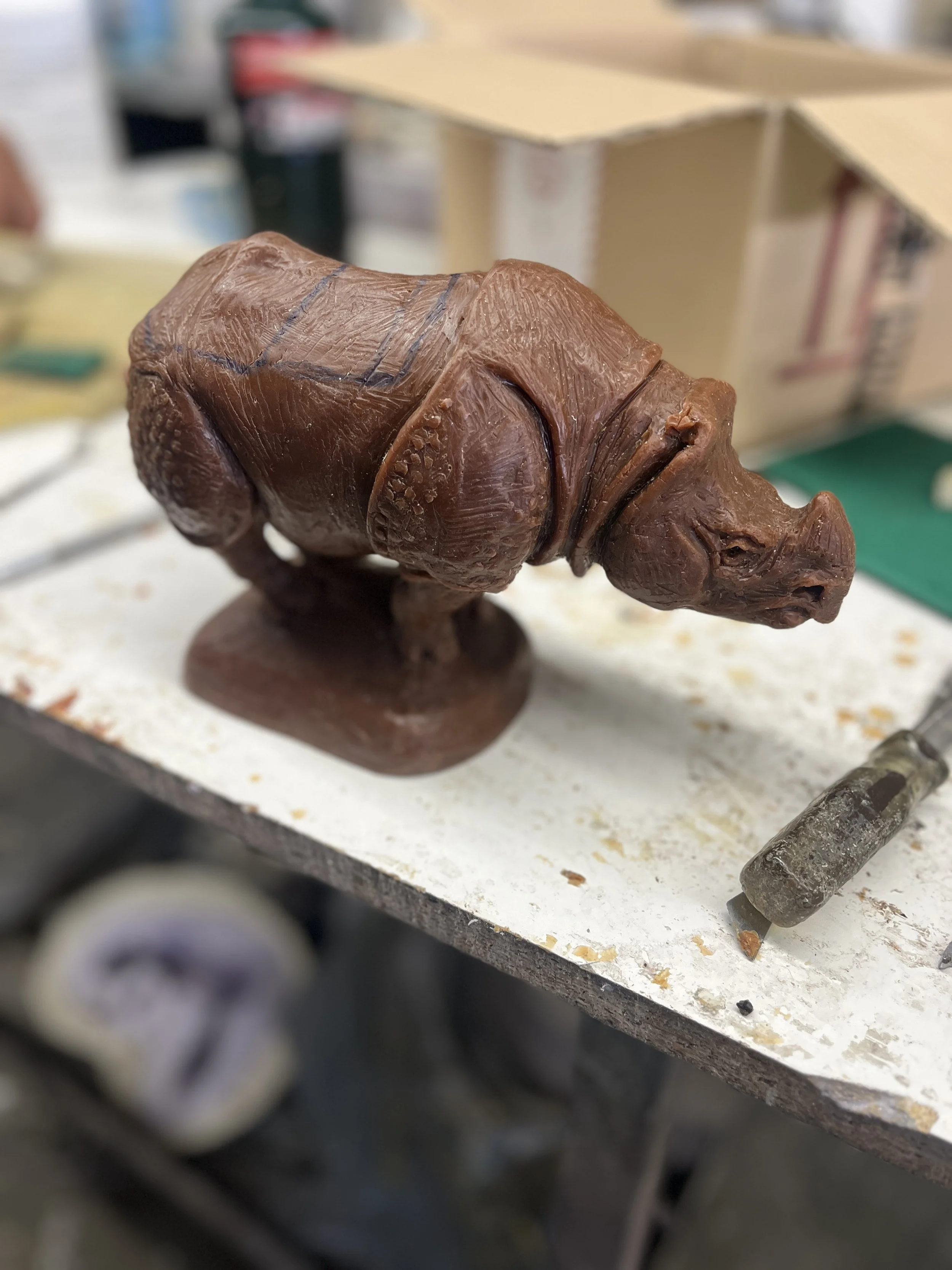 John Sumner wax cast of bonze sculpture of rhino