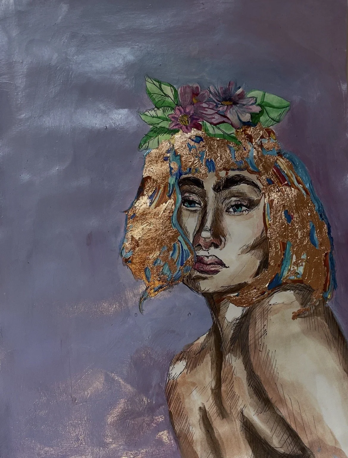 "Egyptian Goddess,"
Watercolor, acrylic, gold leaf on watercolor paper,
September, 2025.