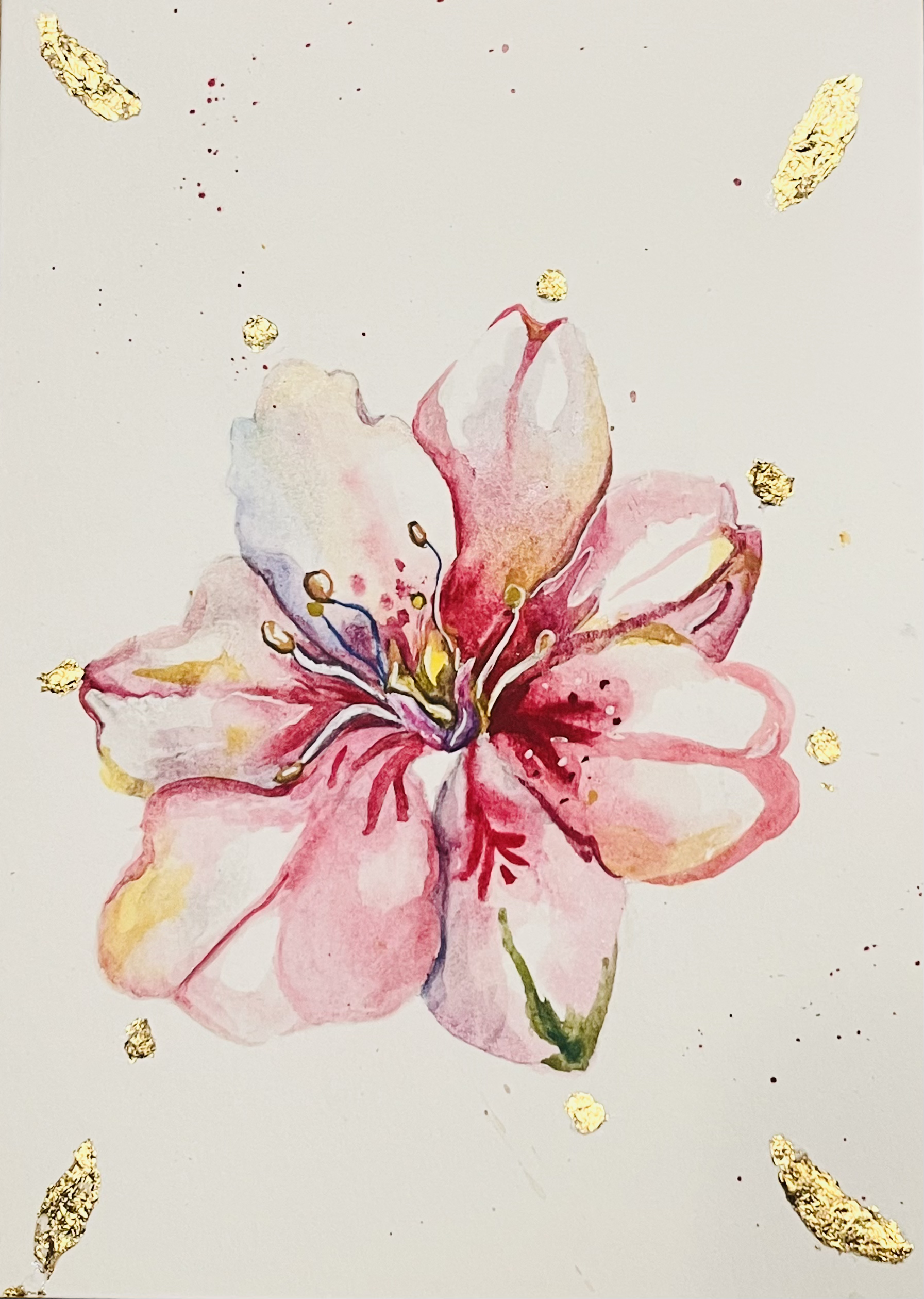 "Spring Flower,"
Watercolor, gold leaf on watercolor paper, SOLD,
January, 2026.