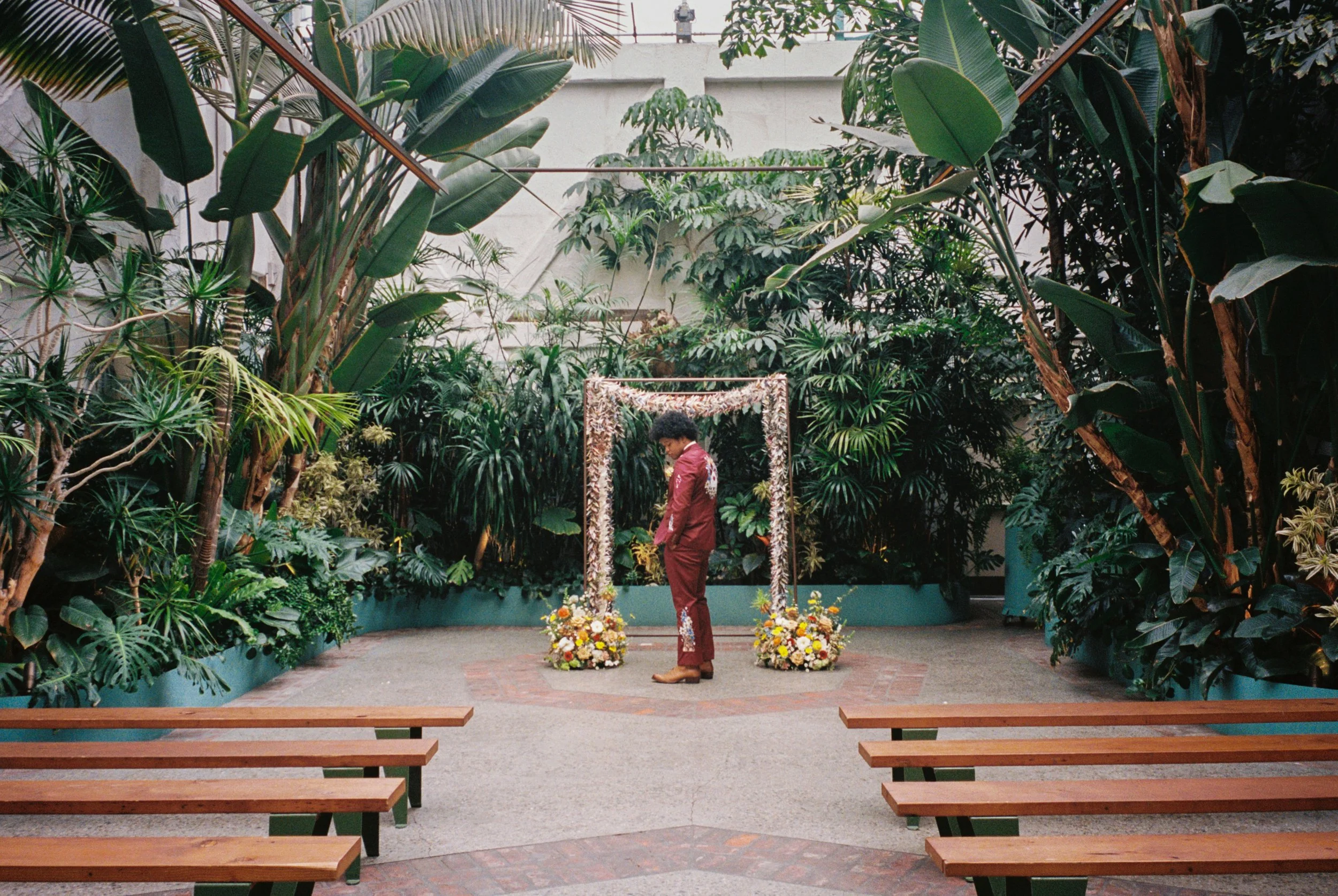 Groom dressed in a maroon suit and brown shoes standing in front of a Jewish wedding chuppah in a lush, indoor garden, with wooden benches in the foreground.