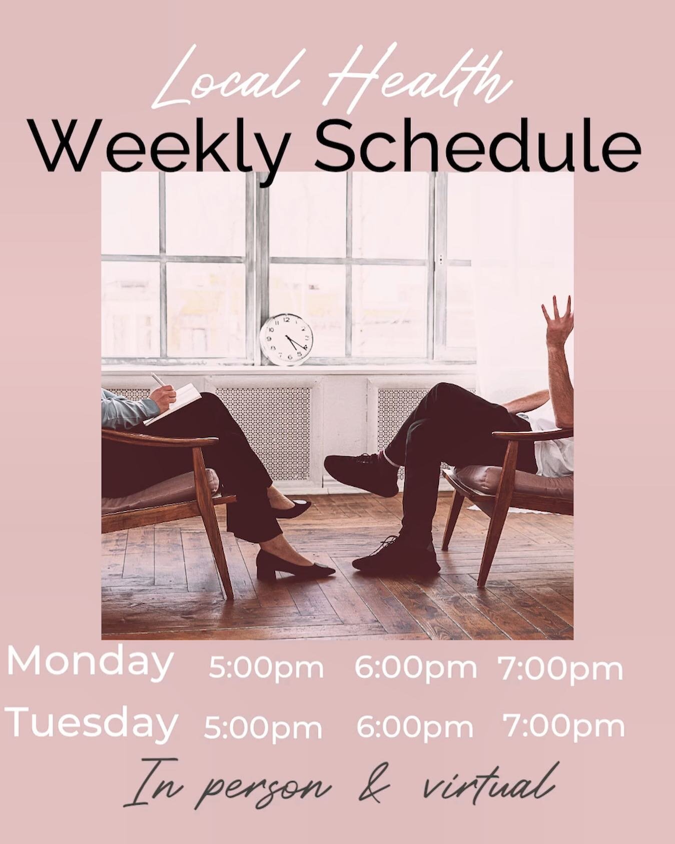 I am accepting new clients!!!🙌
&bull;
&bull;
&bull;
My current schedule at Local Health is Mondays and Tuesdays - 5:00pm until 8:00pm! I offer in person or virtual sessions! 
✨Contact me for a free 15- minute consultation to determine whether we wou
