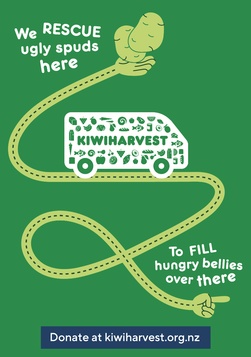 Green poster with an illustration of a plucked chicken and a vehicle labeled 'Kiwiharvest' filled with food icons. Text reads 'We RESCUE ugly spuds here' and 'To FILL hungry bellies over there.' A pointing hand line connects the chicken to the vehicl