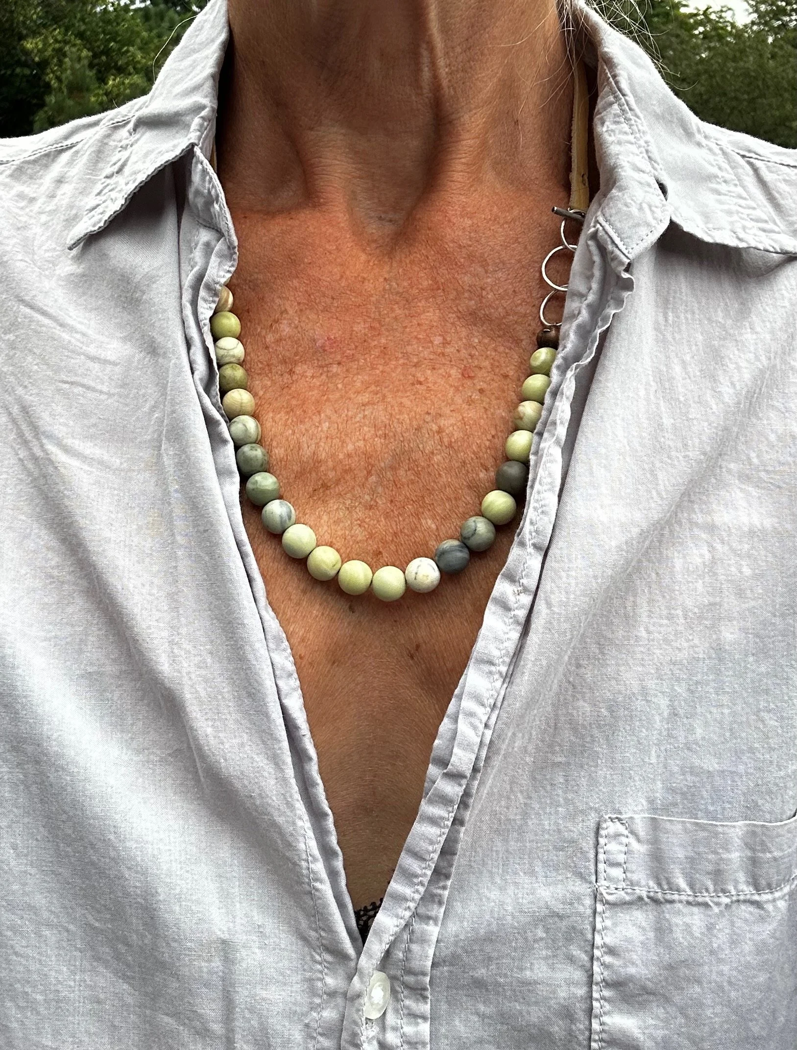 butter jade, bronze, and sterling on soft leather ~ two in one ~ necklace or wrap bracelet🌿