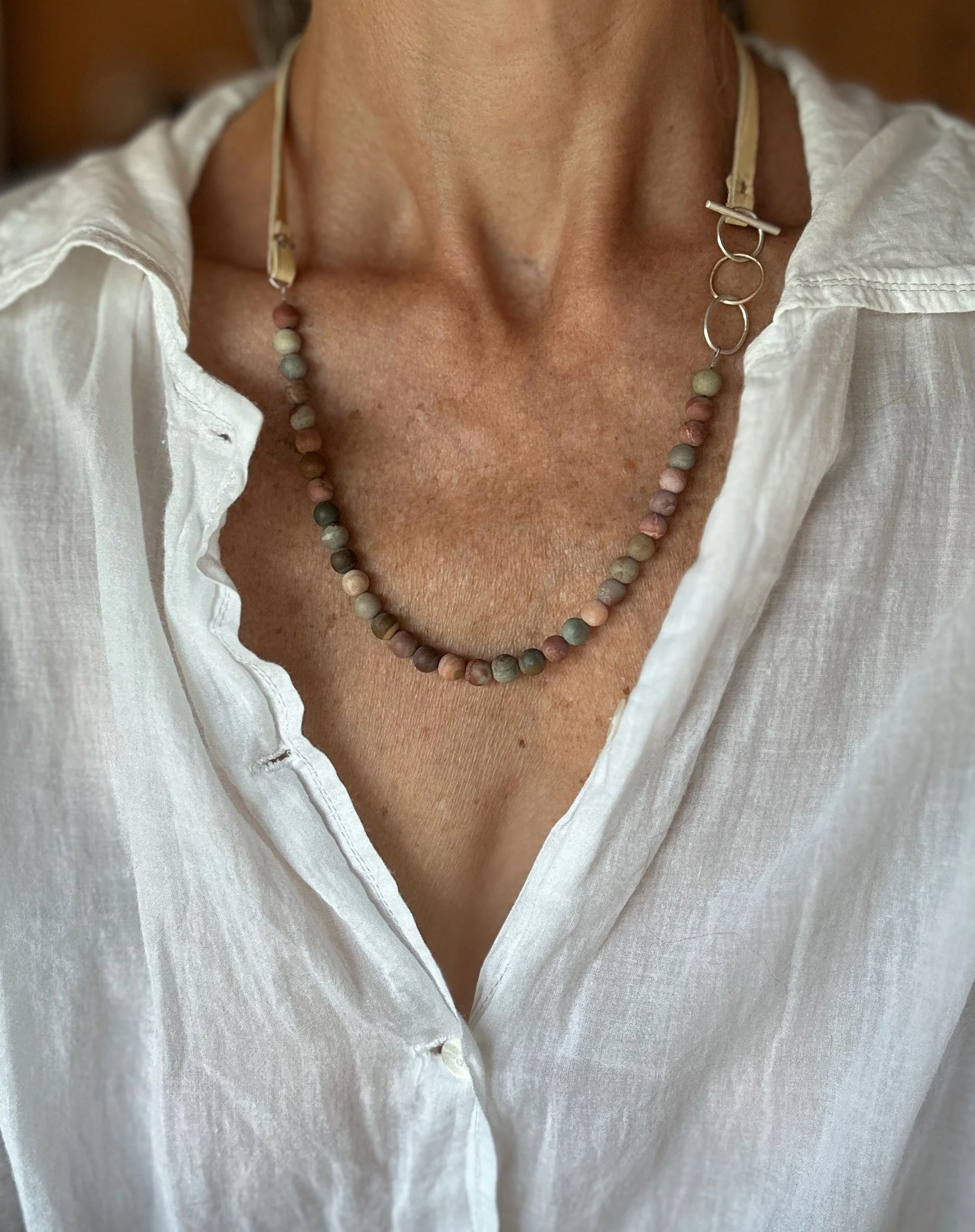 polychrome ocean jasper on soft leather ~ necklace + bracelet in one