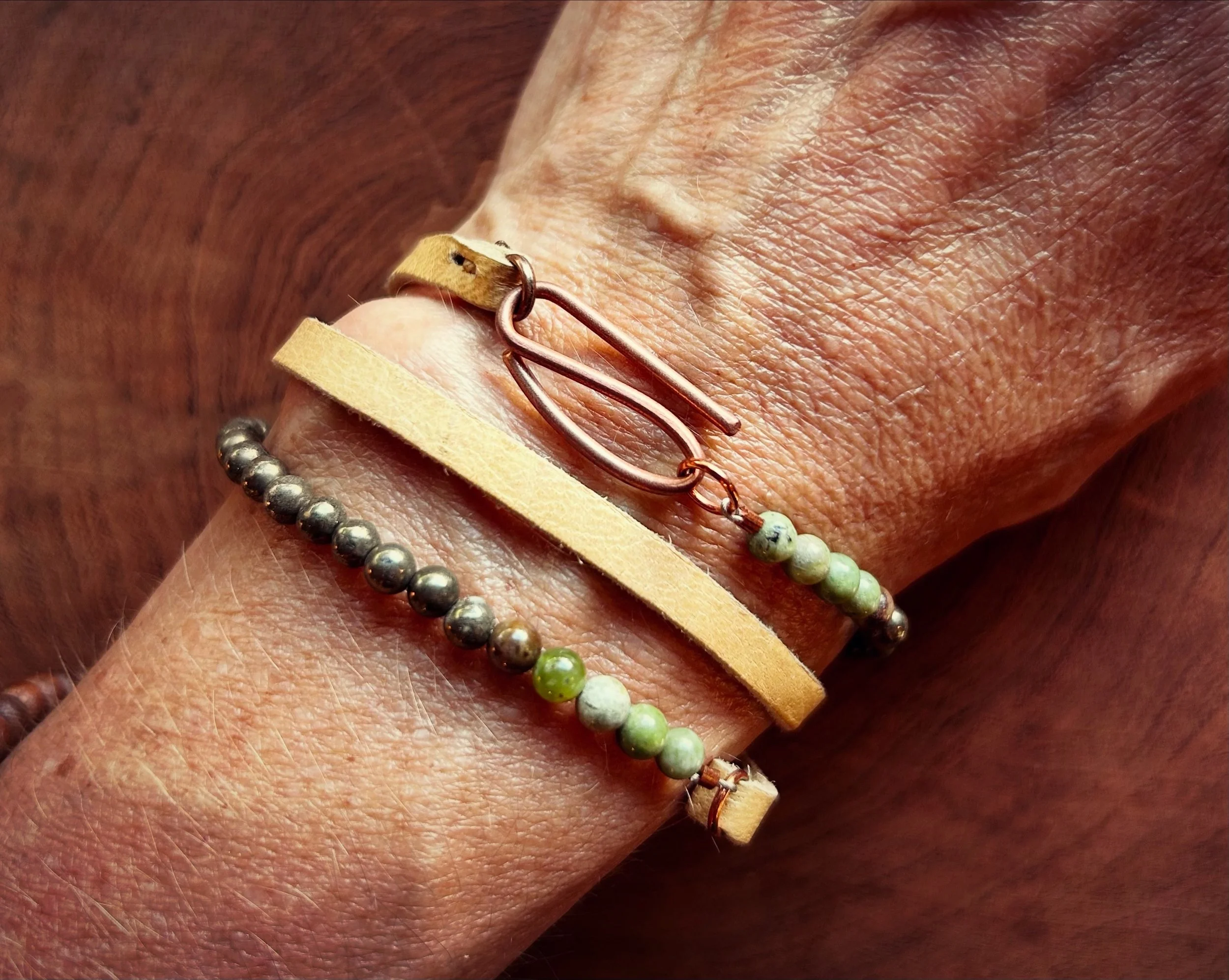pyrite + jasper beads on soft leather with a bent copper clasp🌿