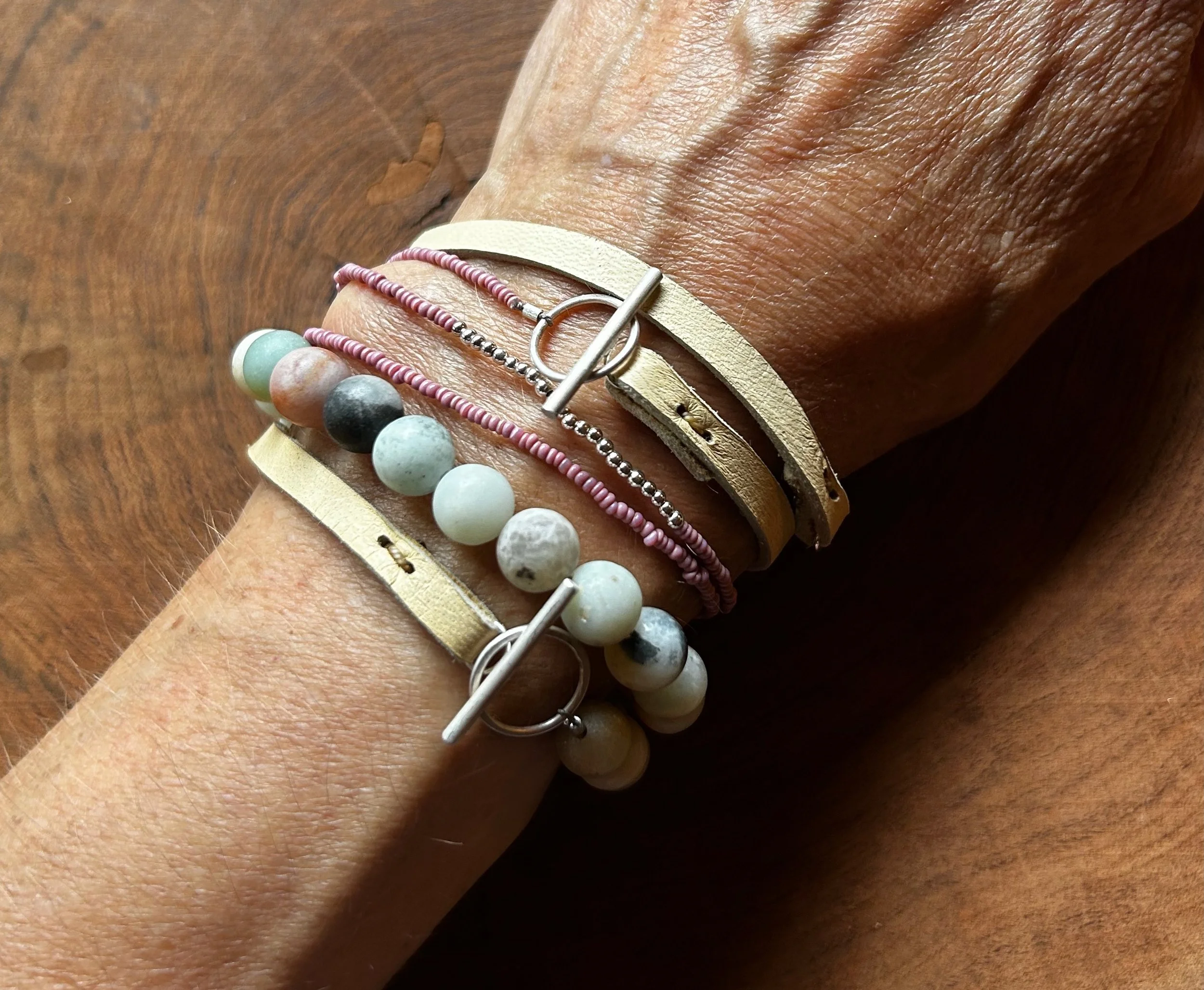 mixed jasper beads on leather wrap bracelet