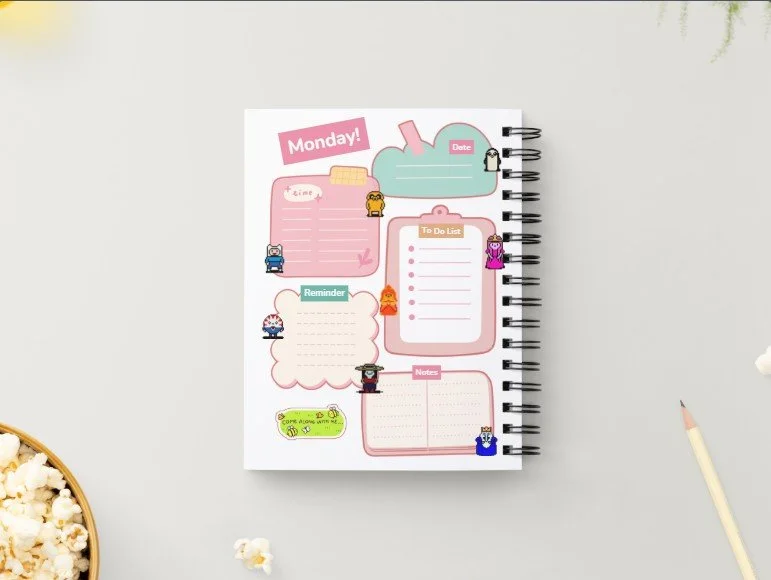 Minimal cute productivity journal page with adventure theme and daily planning layout