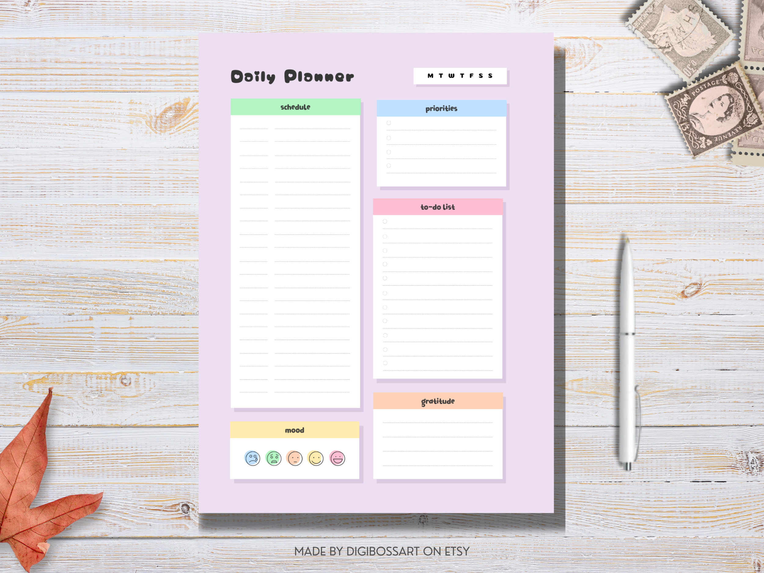 Undated Daily Planner Printable | Pastel Mood Tracker PDF | Schedule To-Do Gratitude | 8.5x11 Digital Download
