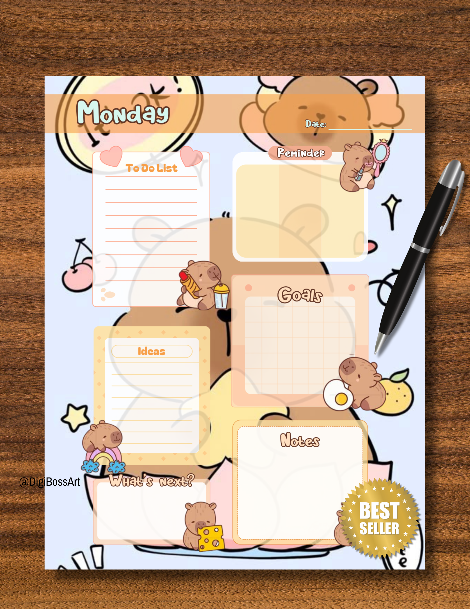 Undated digital planner featuring cute capybara backgrounds