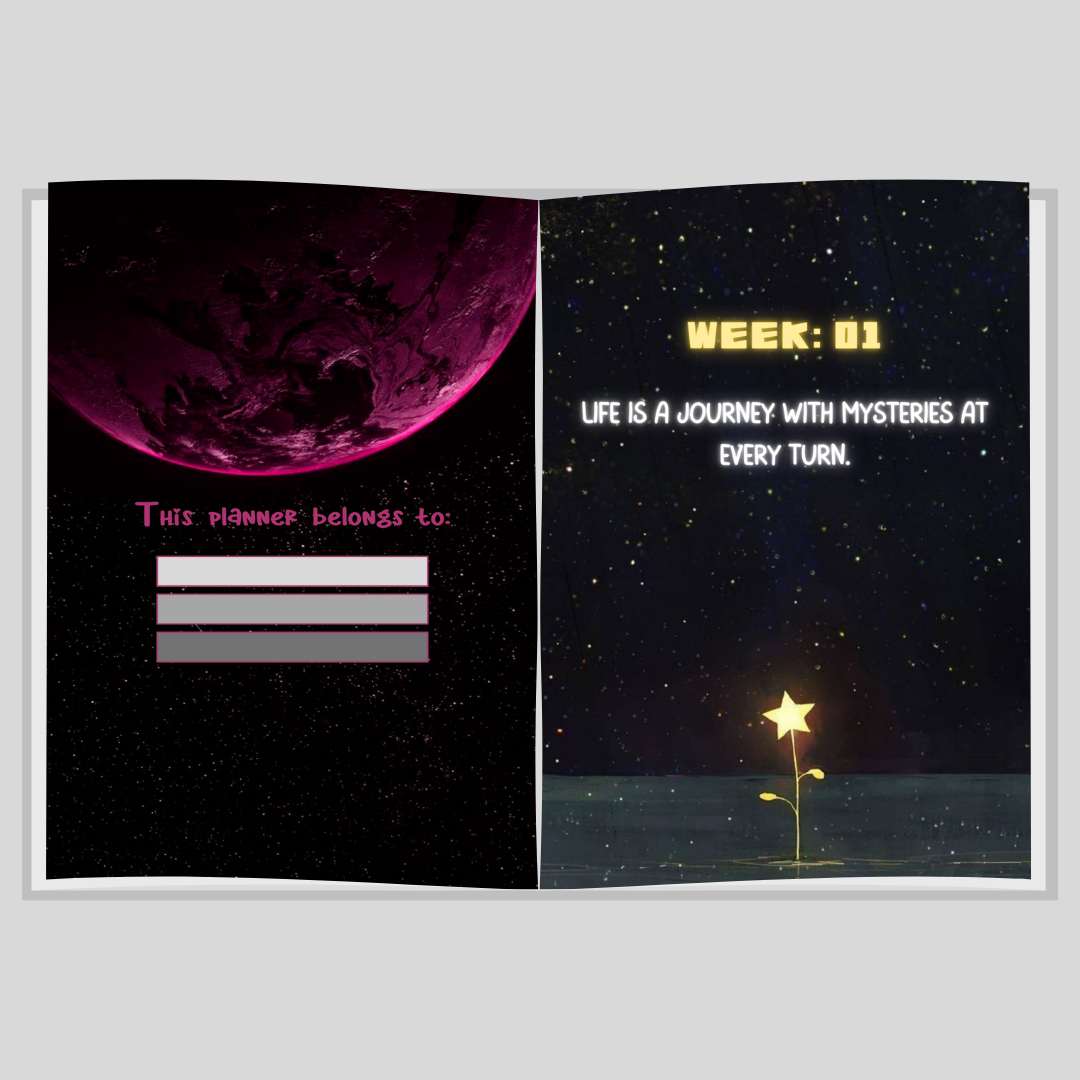 Cosmic-themed digital planner for iPads and tablets with habit tracking sections.