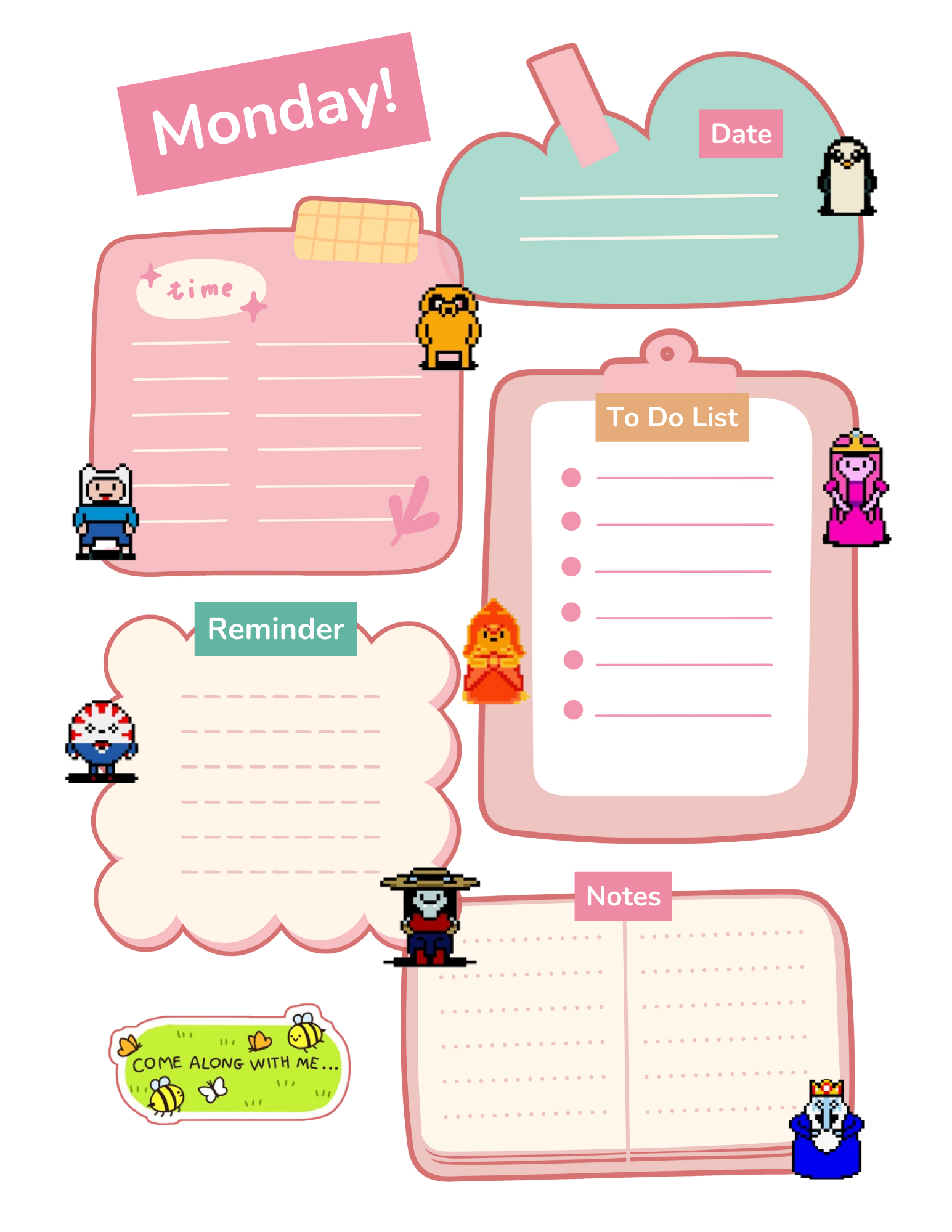 Cute adventure-themed daily planner printable showing tasks, goals, and notes sections