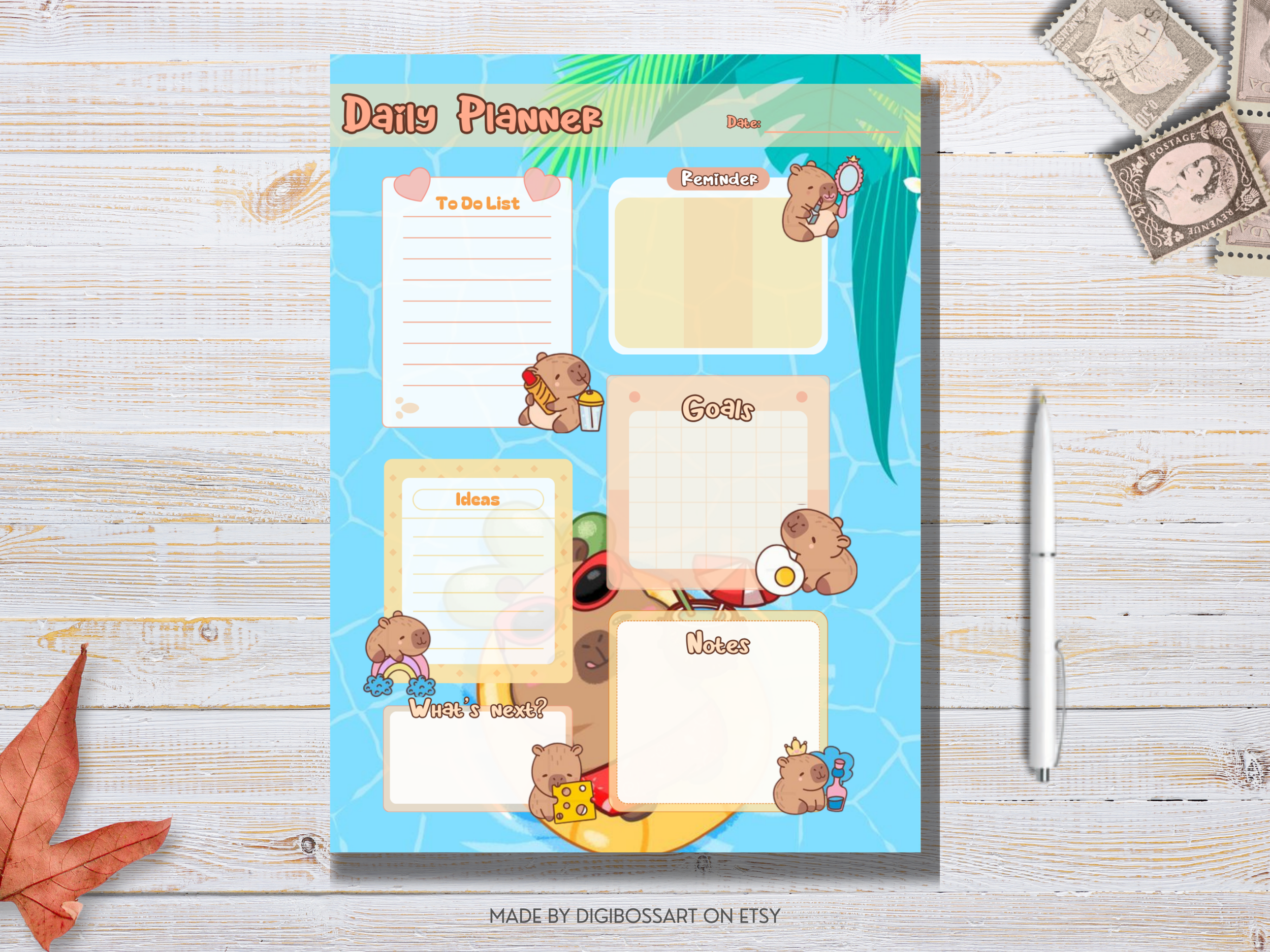 Capybara themed undated daily planner printable with sections for tasks, goals, and notes