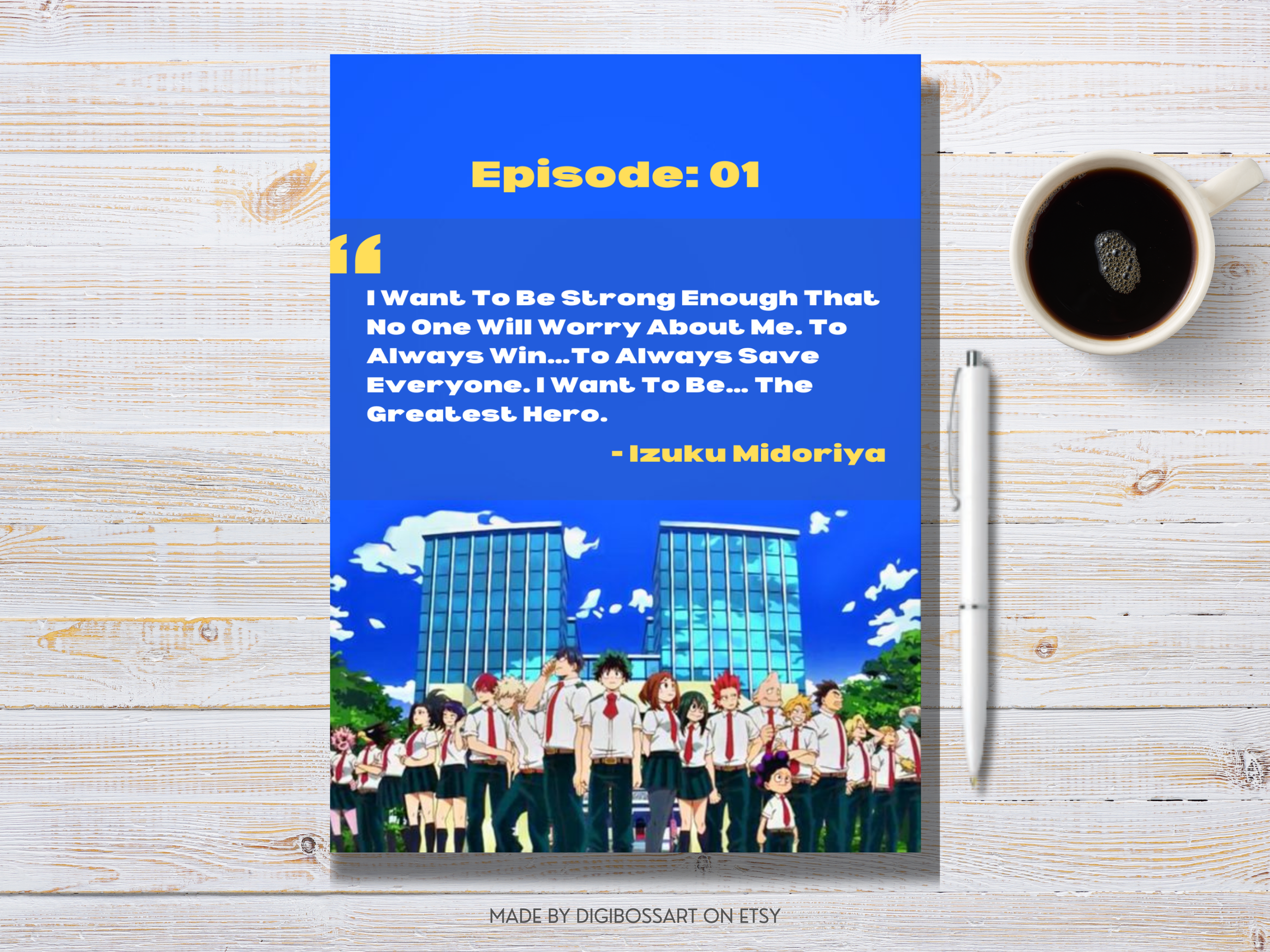 Tablet showing My Hero Academia digital planner on a clean desk with pen and notebook, anime-inspired design and vibrant character artwork.