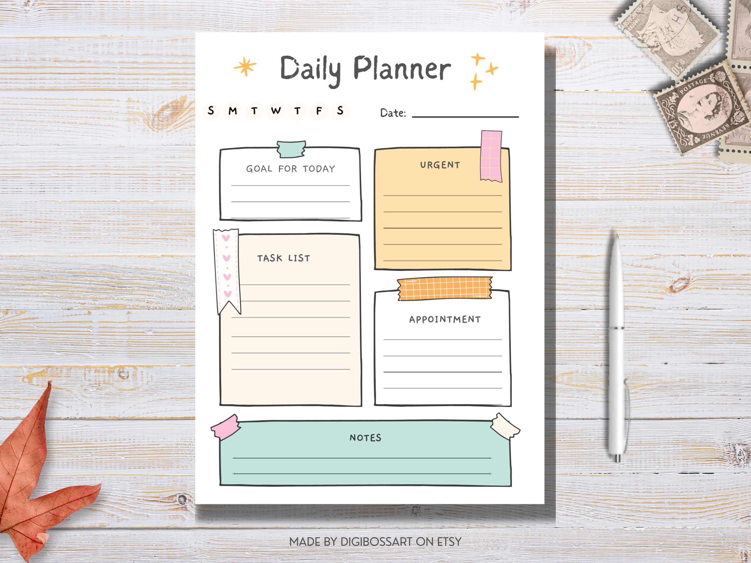 Printable cute daily planner with task list, goals, urgent notes, and appointments, minimalist pastel layout