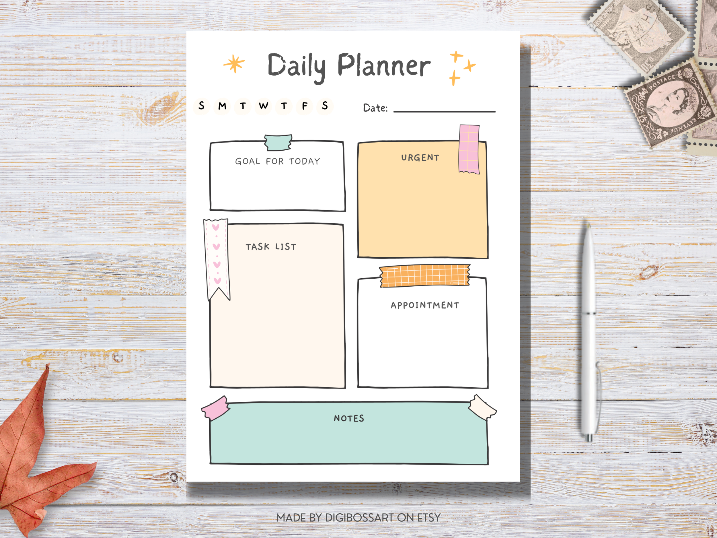 Aesthetic daily planner printable PDF featuring goal setting, task list, urgent section, appointment box, and notes in soft pastel colors