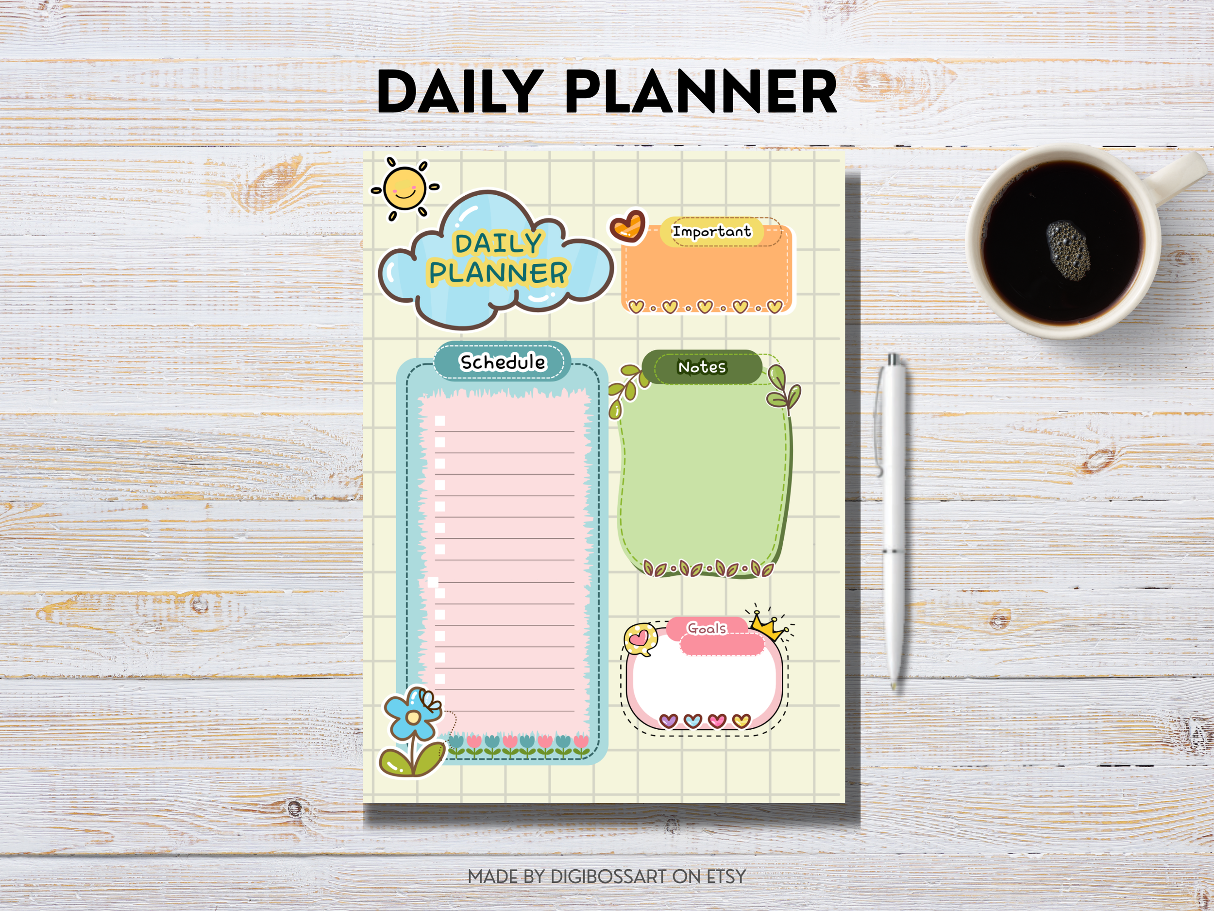 Kawaii minimal daily planner cover — soft pastel tones, simple layout, undated PDF for GoodNotes / printable use