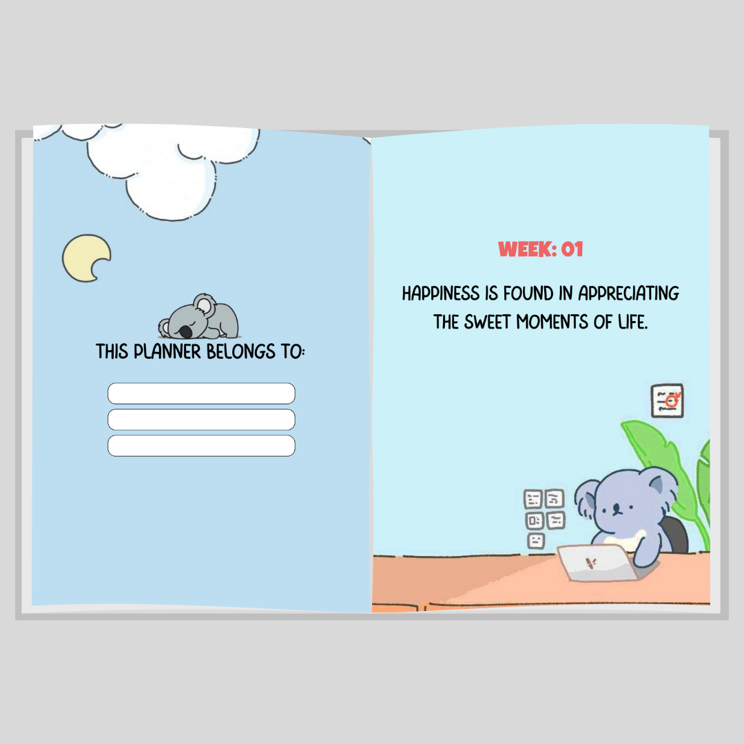 Koala-themed planner compatible with iPads and tablets, designed for productivity and mindfulness.