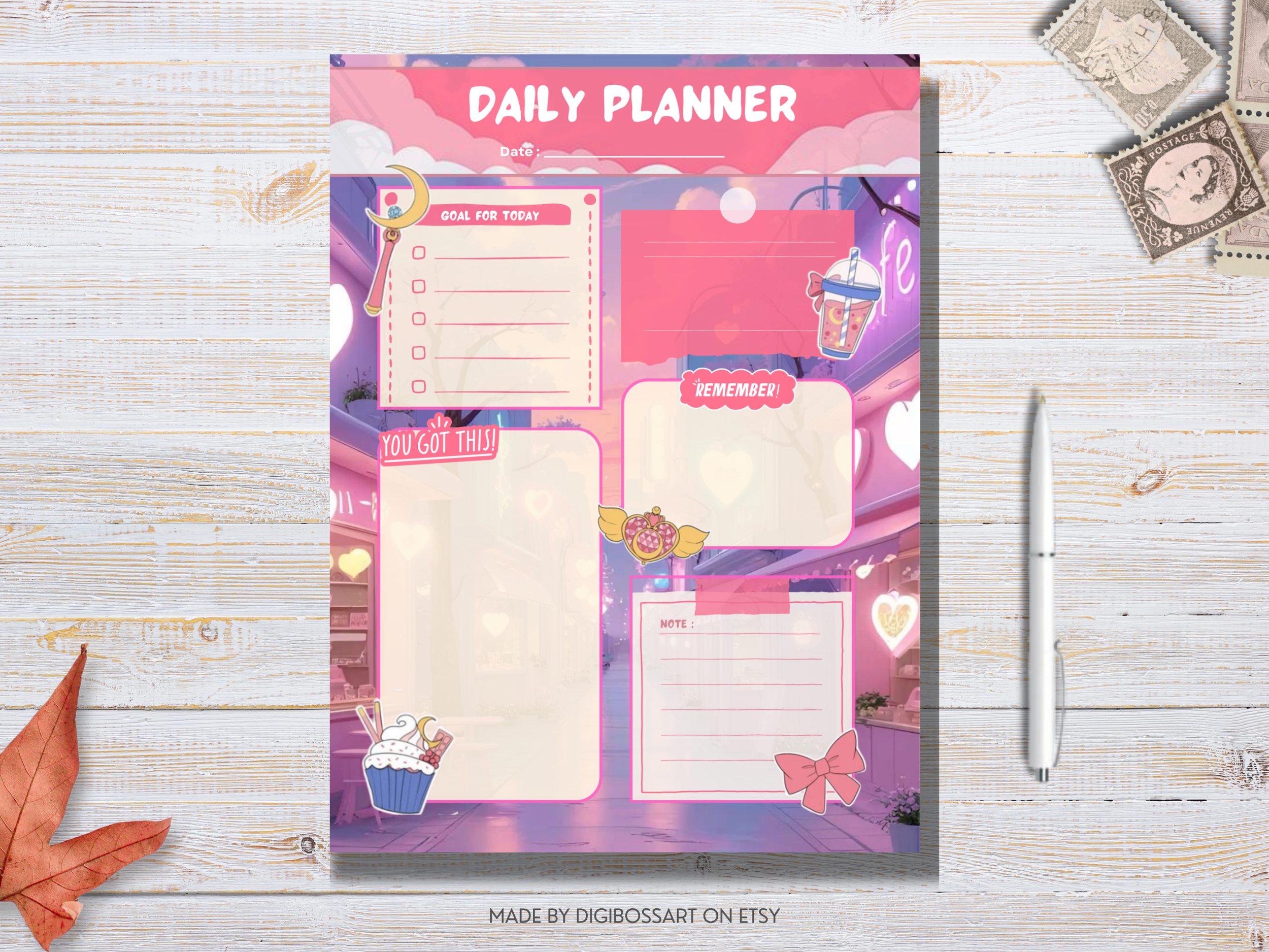 Mockup of Moon Girl Daily Planner showing cover with celestial design, moon motifs, and soft pastel colors, displayed on a desk with stationery items.