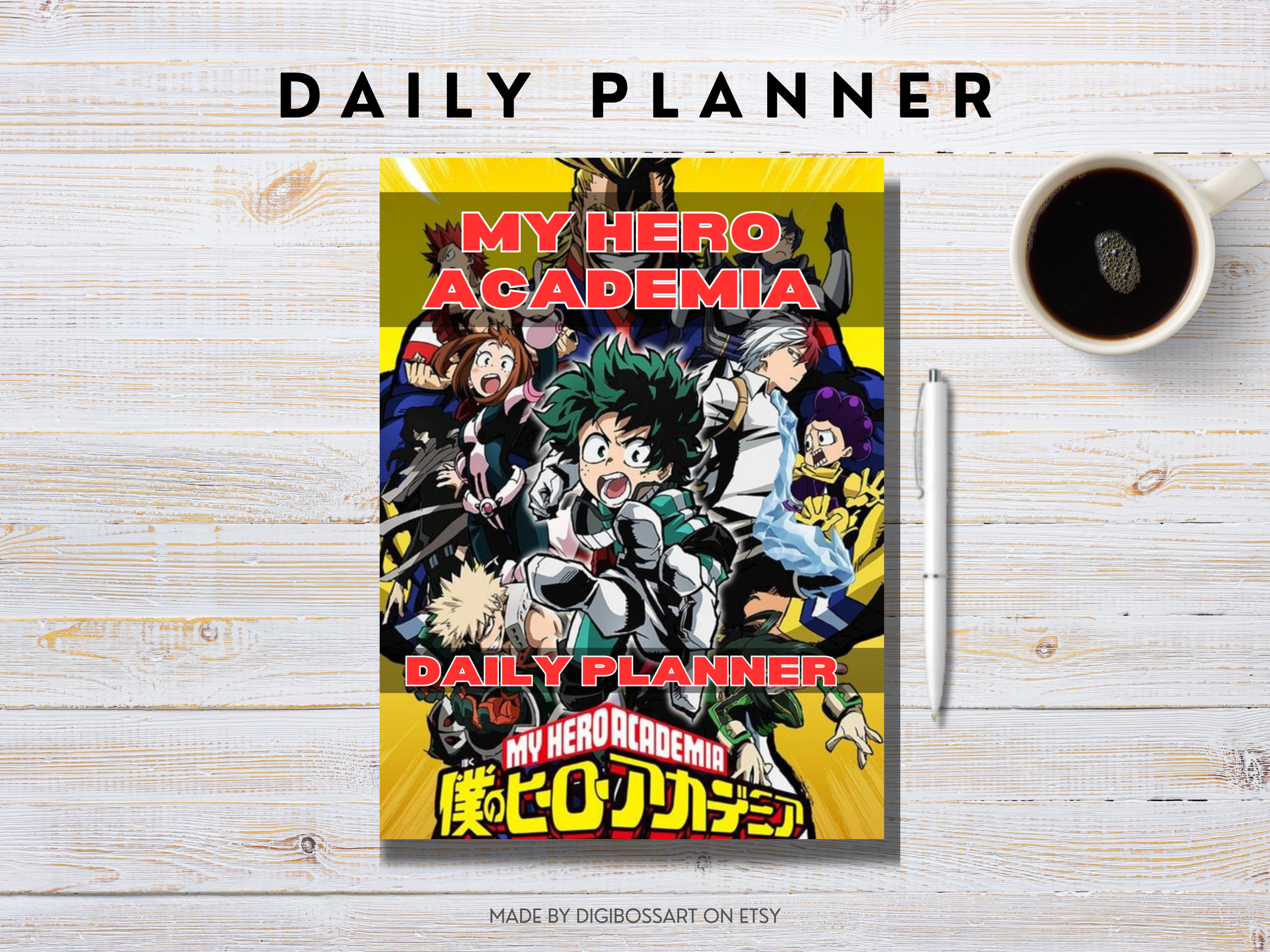 My Hero Academia digital planner displayed on a tablet with colorful anime-themed daily, weekly, and monthly pages.