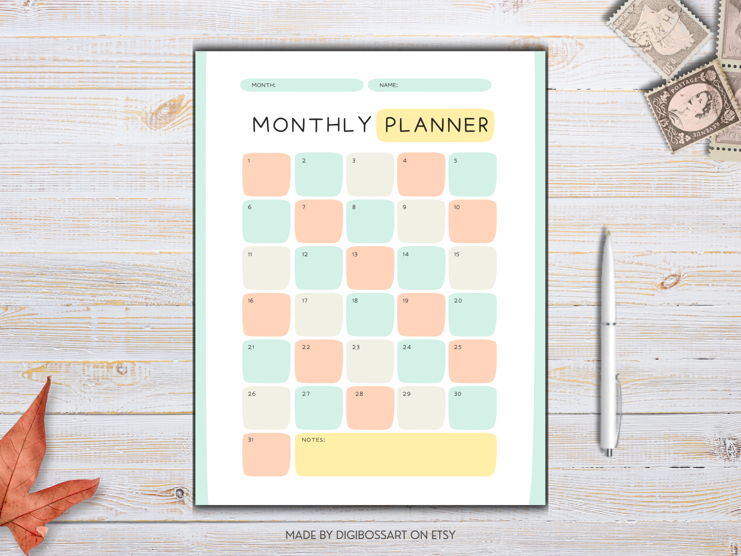 Daily weekly monthly planner in soft pastel colors