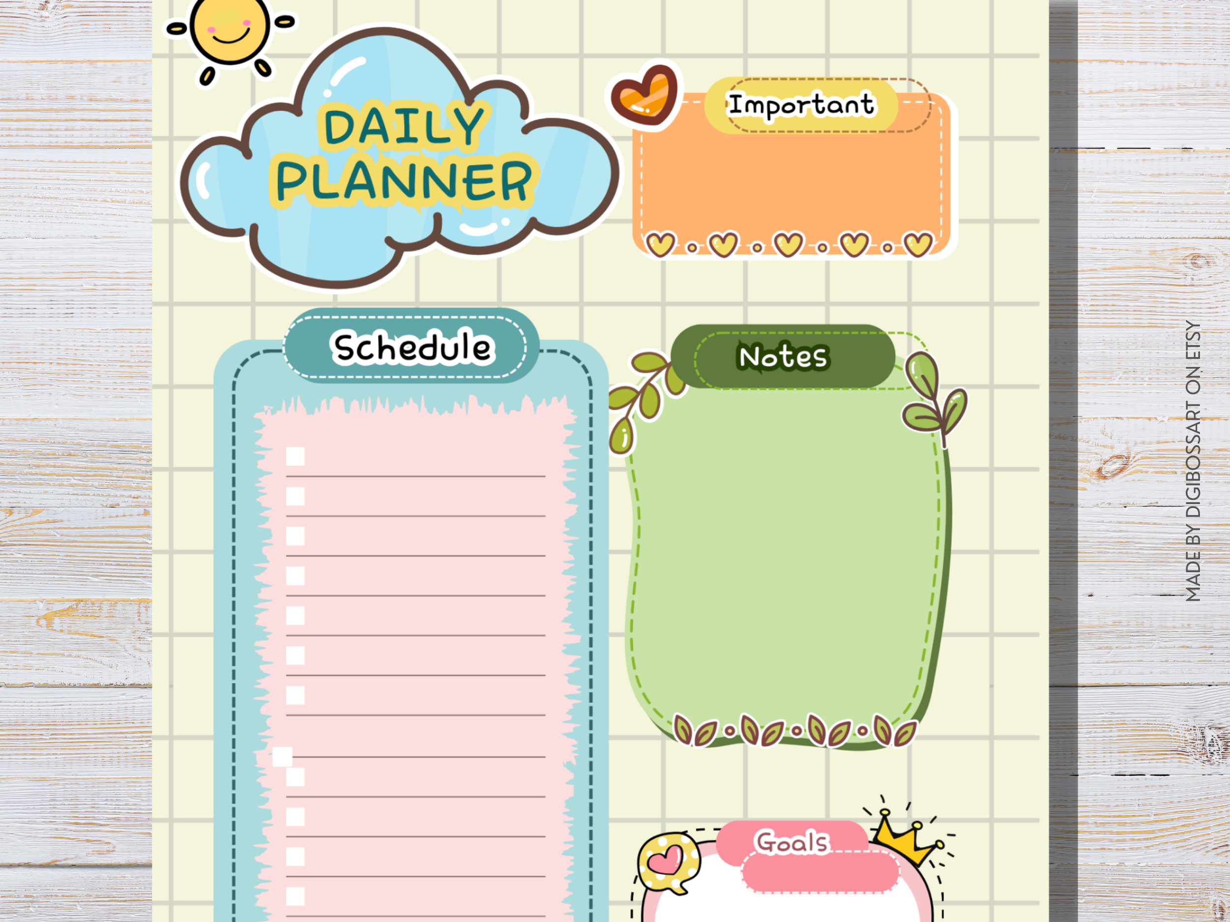 Undated daily planner page with minimal kawaii layout — schedule, priorities, notes & goals sections