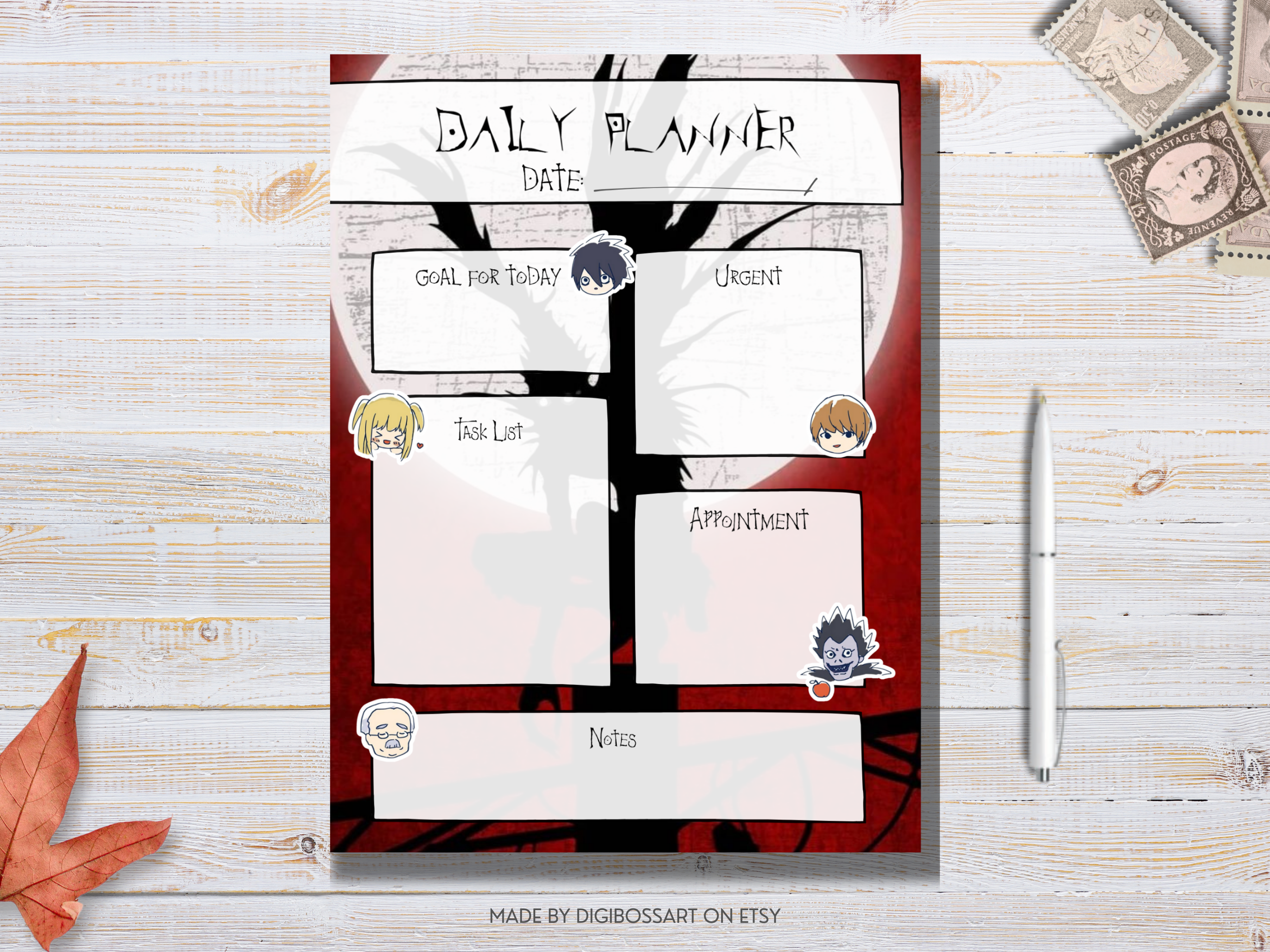 Dark anime manga style daily planner digital PDF for GoodNotes with task list, goals, urgent and notes layout