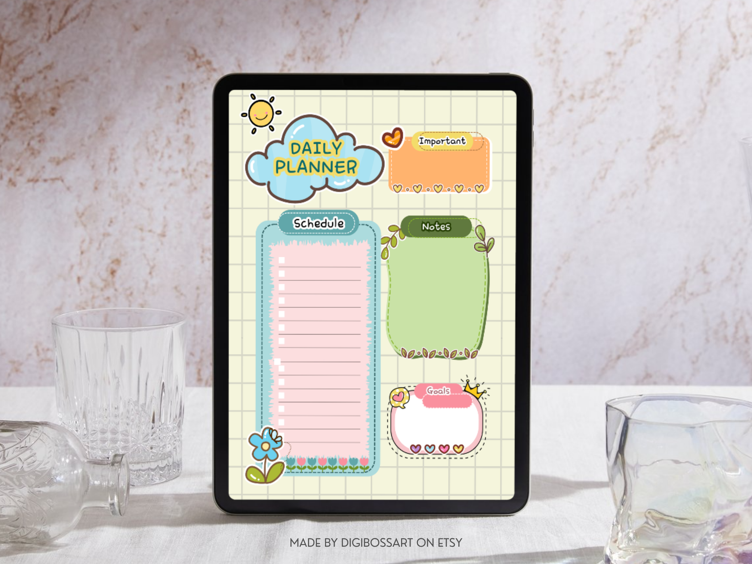 Kawaii minimal planner displayed on iPad GoodNotes app — digital daily planning with soft design