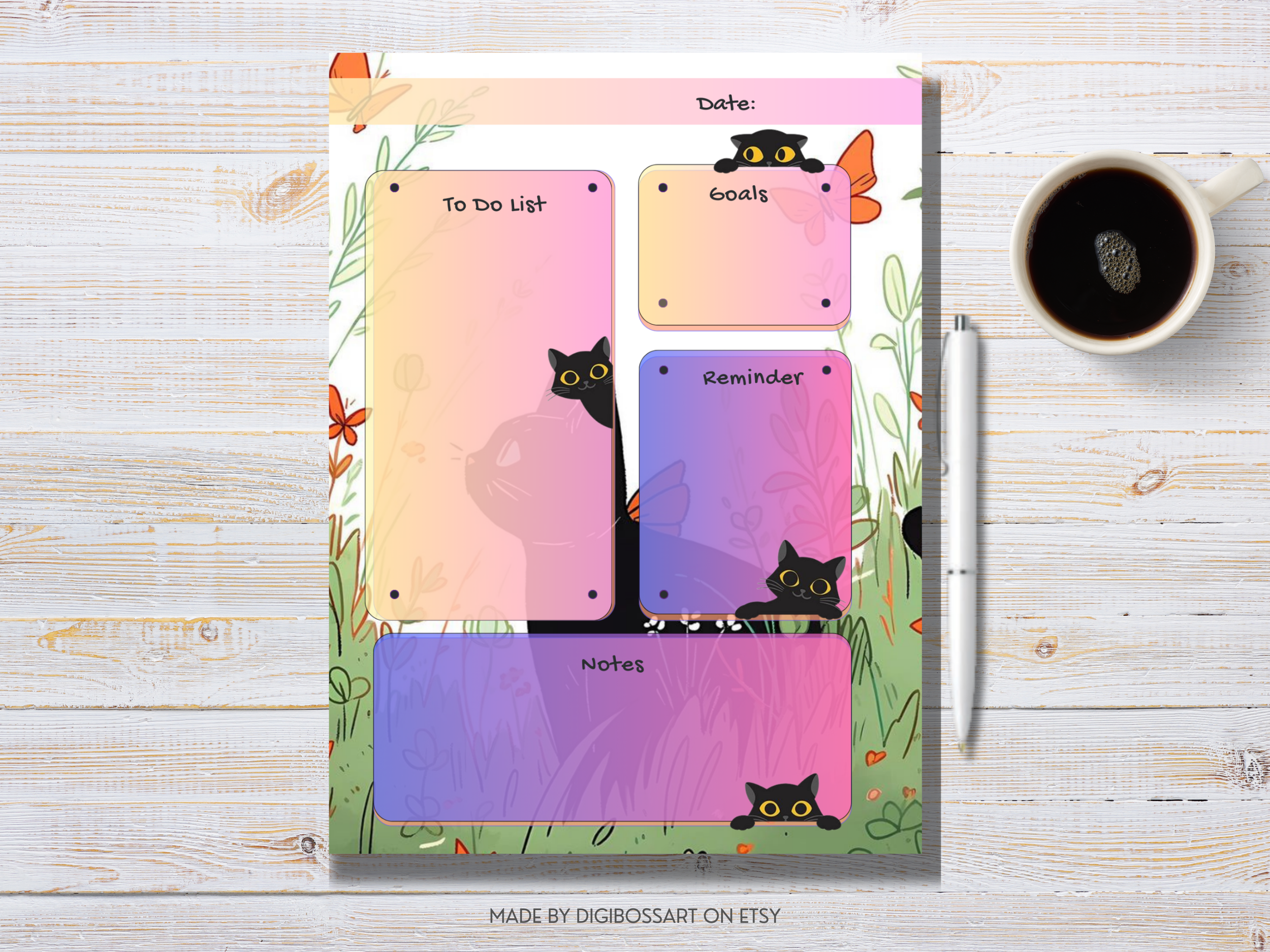 black cat daily planner printable undated