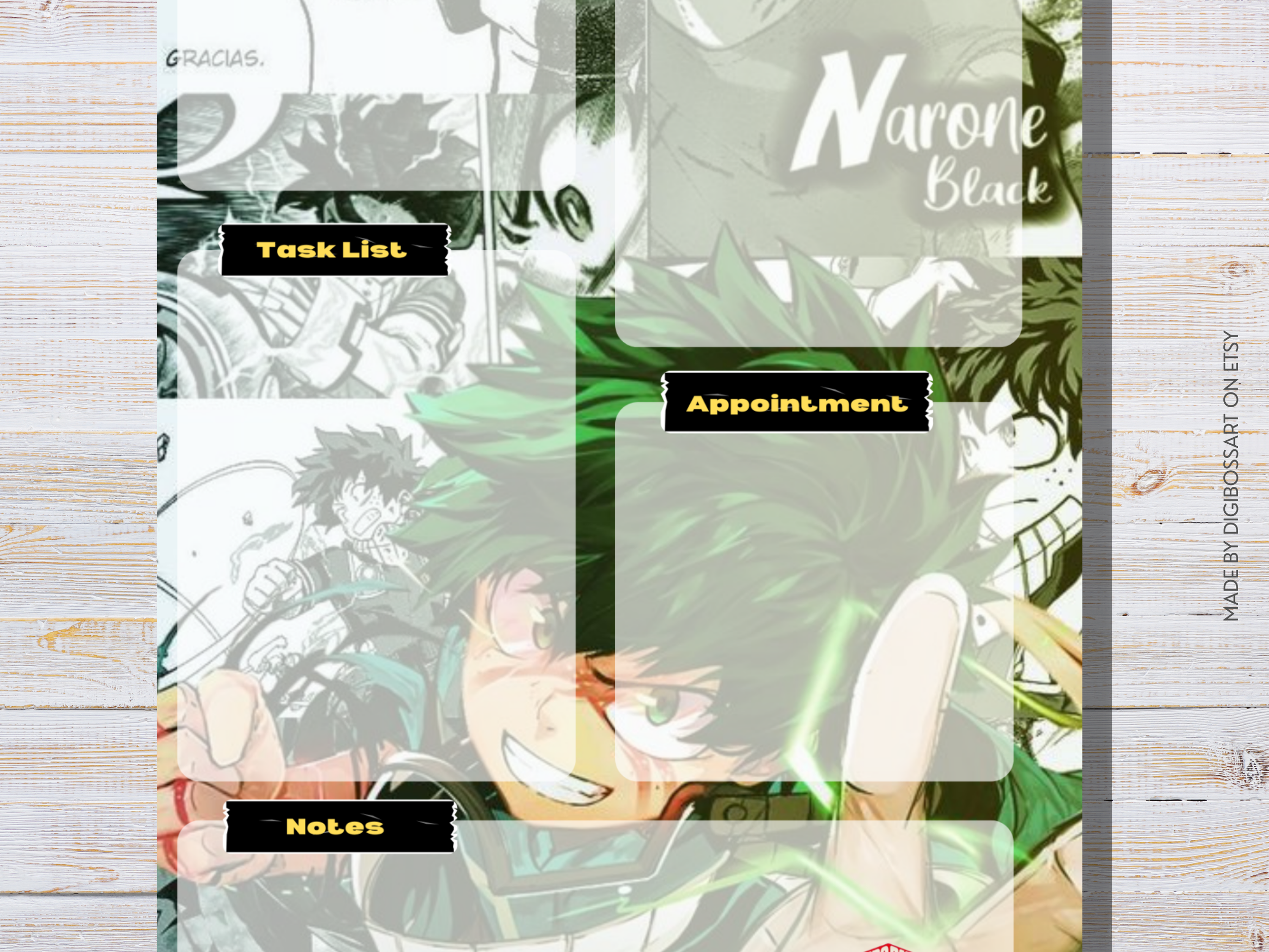 My Hero Academia digital planner displayed on tablet and smartphone with anime-themed organizational pages and schedule layouts.