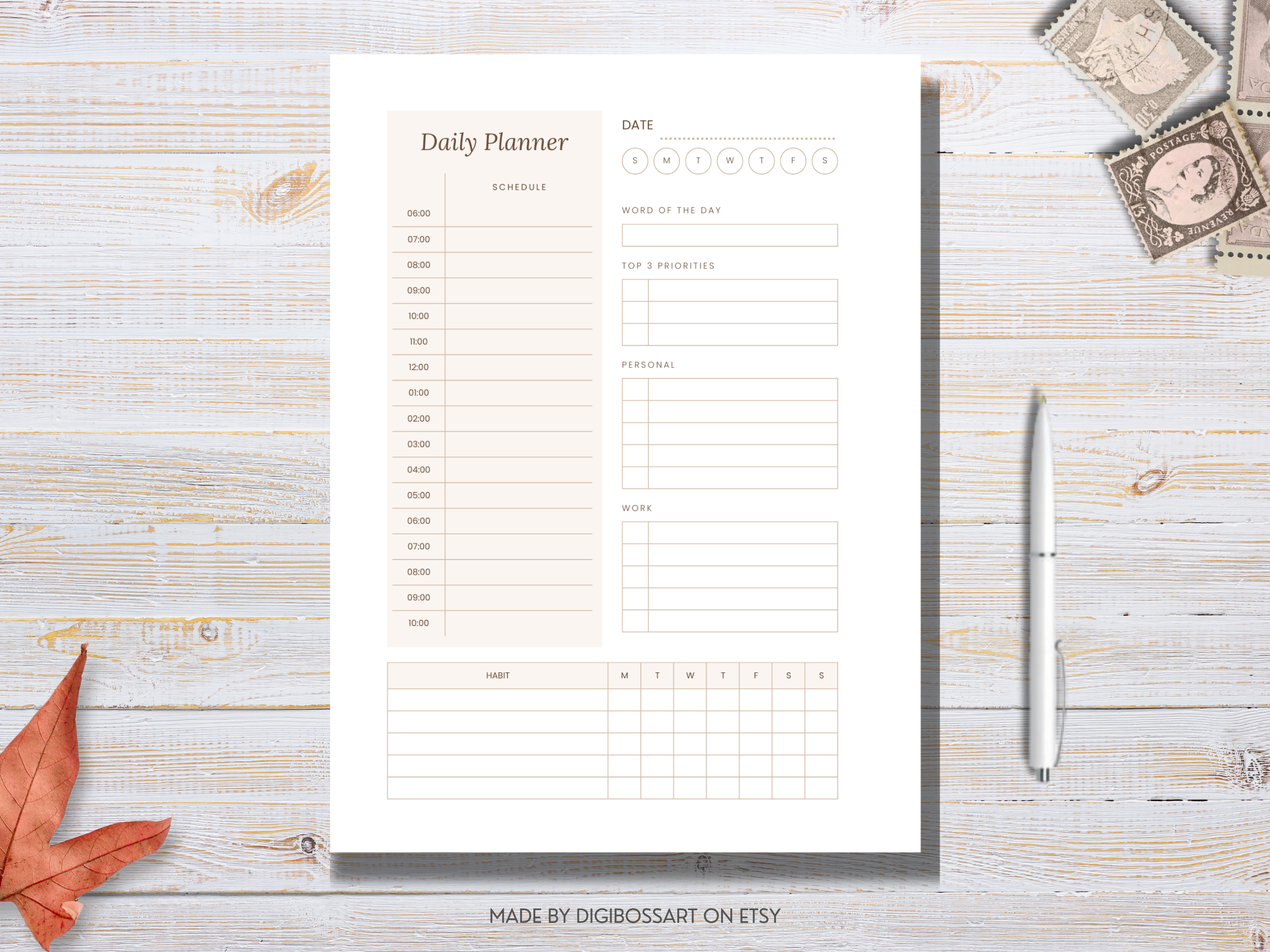 Beige simple daily planner printable with hourly schedule and habit tracker